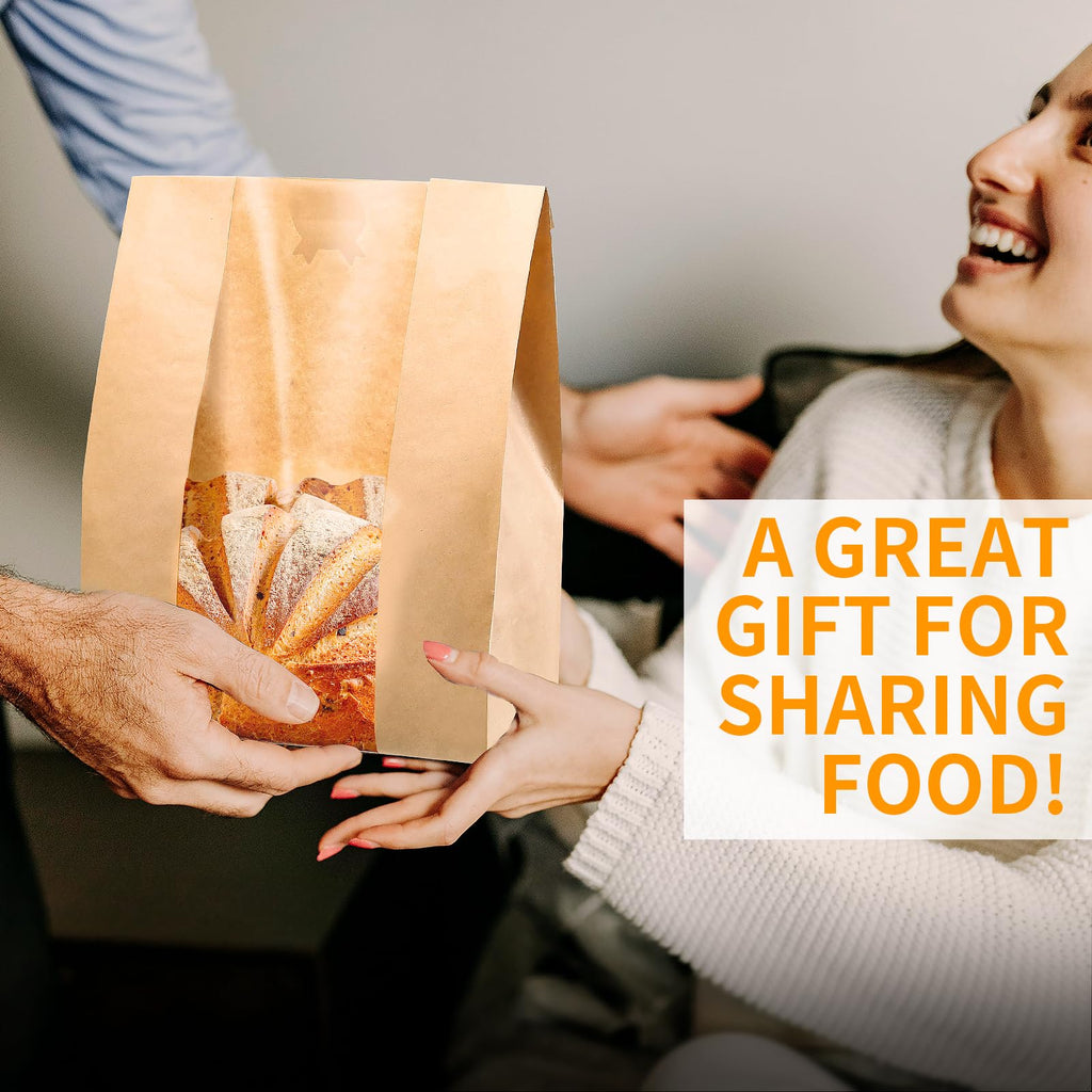 100Packs Sourdough Bread Bags for Homemade Bread, Brown Paper Food Storage Bags with Clear Window Includes Label Seal Stickers,Bakery Packaging Bags Large 13.7x8.2x3.5inch