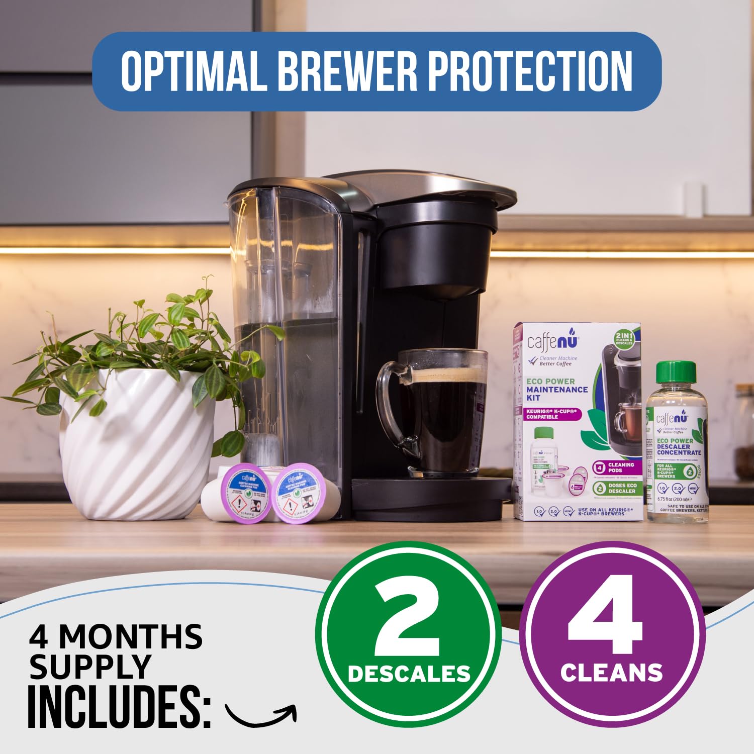 Keurig Compatible Descaling Solution and Cleaner. 2 Descaler, 4 Cleaning Pods. Removes Limescale & Cleans Pod Area. Better Tasting & Hotter Coffee. 4 Uses of Descaler & Cleaner.