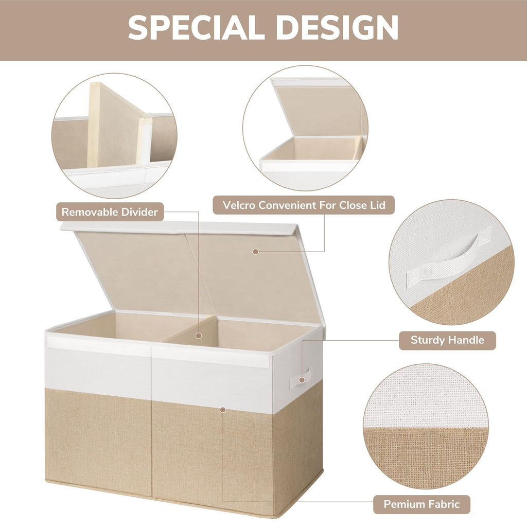 INDRESSME 25"x13"x16" Large Storage Box, Collapsible Bins with Lids, Chest for Living Room, Storage Baskets for Blankets, Books, Clothes (Beige & White)