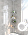 Shower Caddy Corner, 56 to 125 Inch Adjustable Tension Pole Corner Shower Caddy with ABS Baskets,Rustproof Stainless Pole, Drill Free Shower Rack, Large Shower Storage Shelf Rack for Inside Shower
