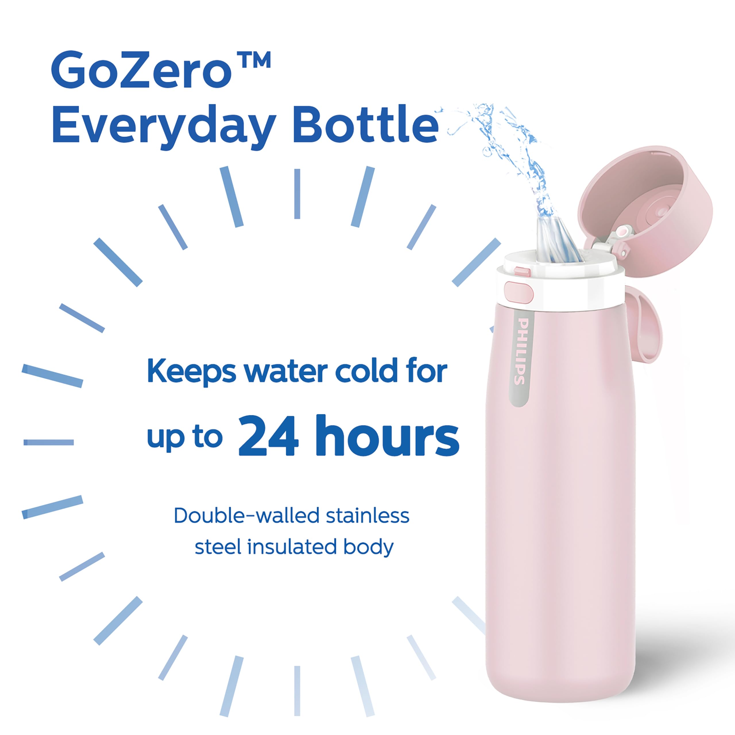 PHILIPS Stainless Steel Filtering Water Bottle - AWP2771, 18.6 oz Insulated Water Bottle with 1 Filter Lasts 2 Months or 40 Gallons, Replaces 450 Plastic Water Bottles, BPA-Free, Reusable, Pink