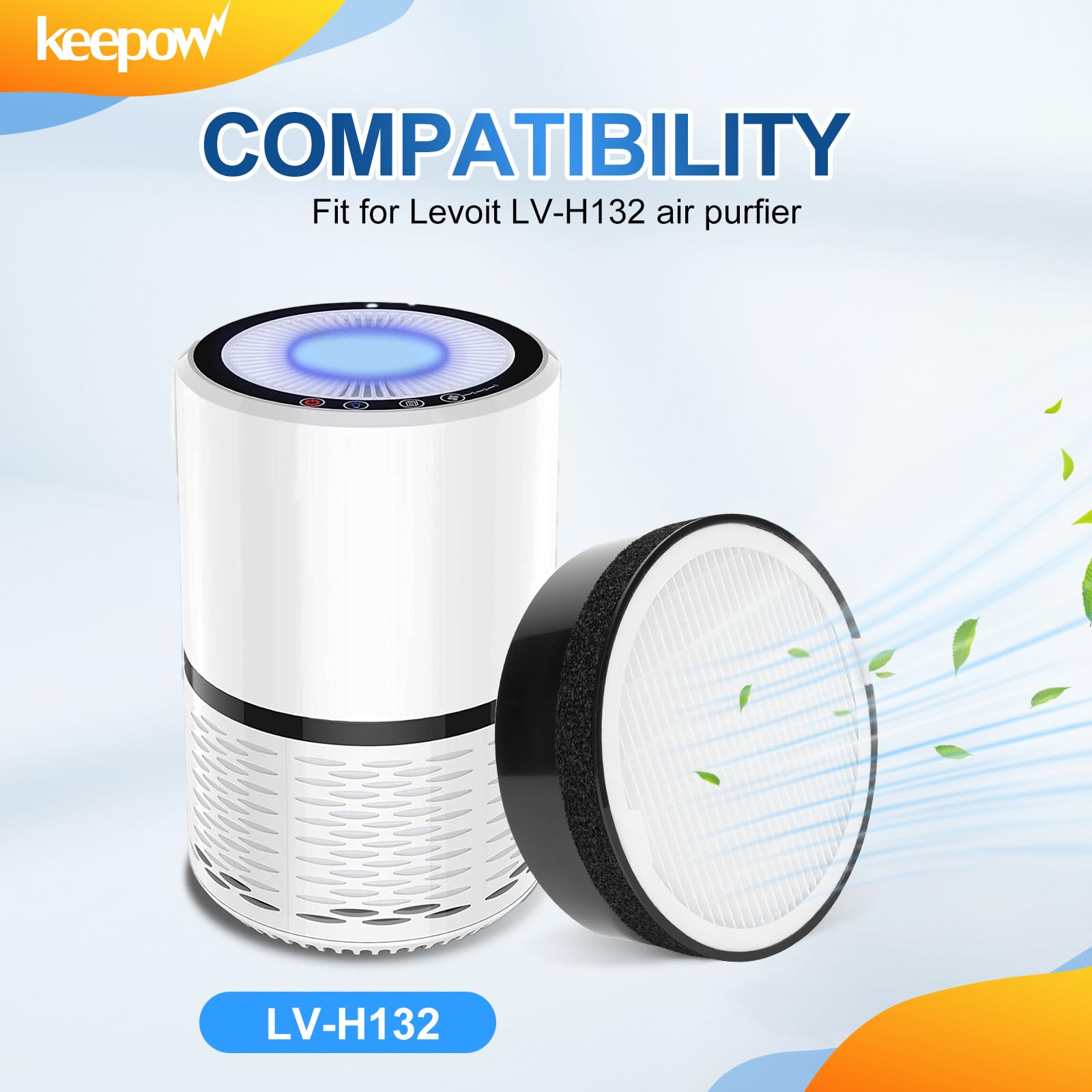 KEEPOW Replacement Filter LV-H132-RF for Levoit Air Purifier LV-H132, 2 Pack HEPA and Activated Carbon Filter