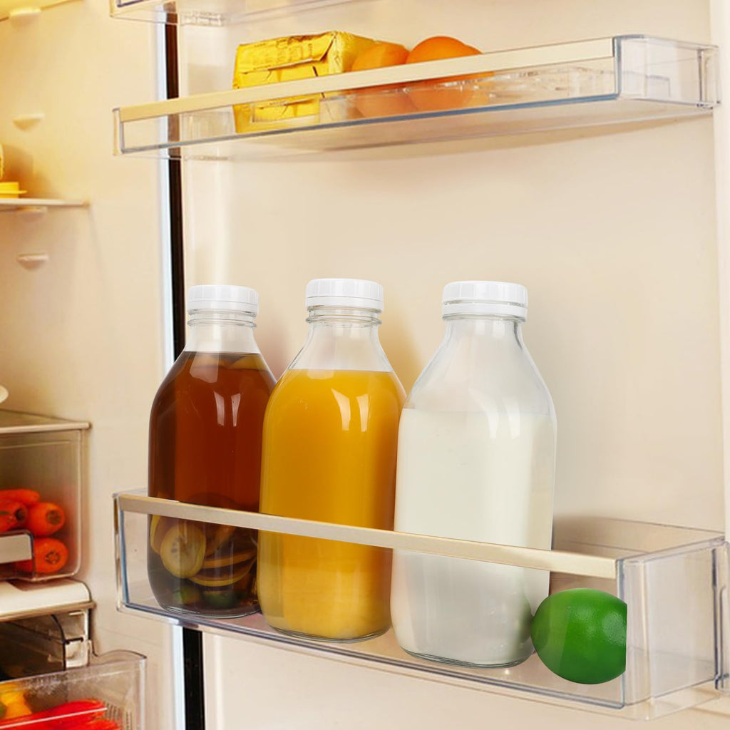 DHSBTLS 6 Pcs Glass Milk Bottles with Lid, 32 oz/ 1 L Reusable Glass Milk Container for Fridge to Store Fresh Milk, Airtight Heavy Duty Clear Juice Jar for Juice, Honey, Syrup, Extra 2 Lids& Stickers