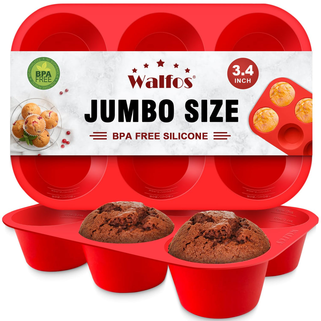 Walfos Silicone Jumbo Muffin Pan Set- 6 Cup Large Silicone Cupcake Pan, BPA Free Silicone Perfect for Egg Muffins, Big Cupcakes - Non-Stick and Dishwasher Safe, Set of 2