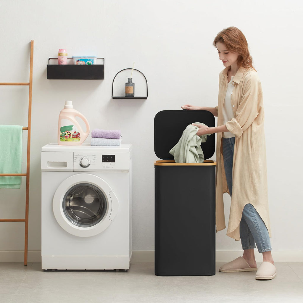 Lifewit Large Laundry Basket with Lid, Collapsible Laundry Hamper with Removable Laundry Bag, Tall Clothes Storage Laundry Bin with Bamboo Handles for Bedroom, Bathroom, Laundry Room, Black, 100L