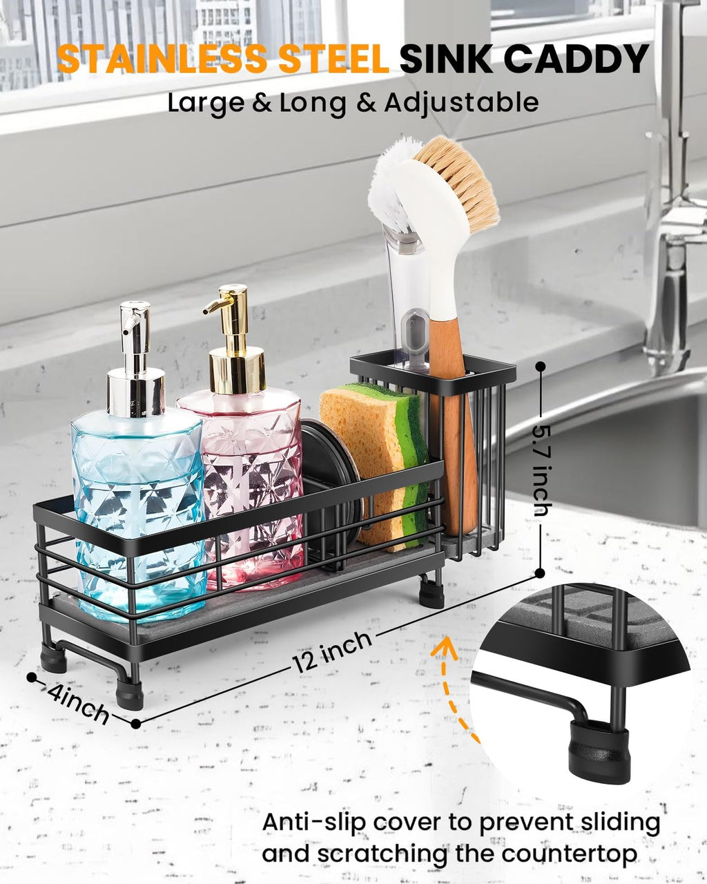 ARTLEO Kitchen Sink Caddy with Water Absorbent Diatomite Stone Sink Tray, Fast Drying Sink Organizer with High Dish Brush Holder Sponge Holder for Kitchen Sink, Stainless Steel