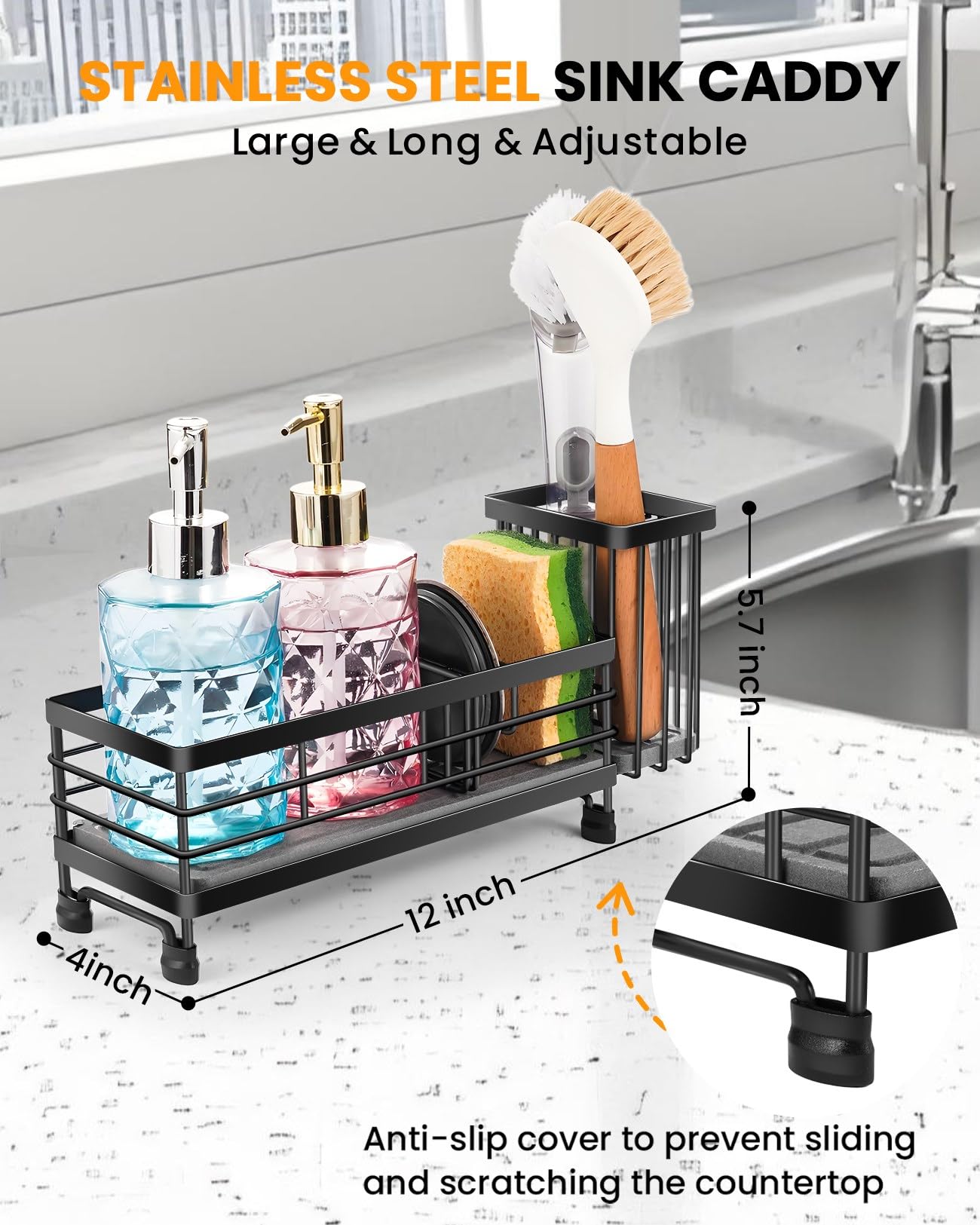 ARTLEO Kitchen Sink Caddy with Water Absorbent Diatomite Stone Sink Tray, Fast Drying Sink Organizer with High Dish Brush Holder Sponge Holder for Kitchen Sink, Stainless Steel