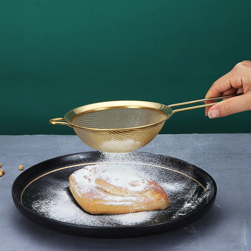 Gold Fine Mesh Strainer 3 Pieces Set, Golden Flour Sifter for Baking, Stainless Steel Clander, Gold Matcha Tea Strainer, Gravy Separator, Stasher Sieve Pasta Strainers