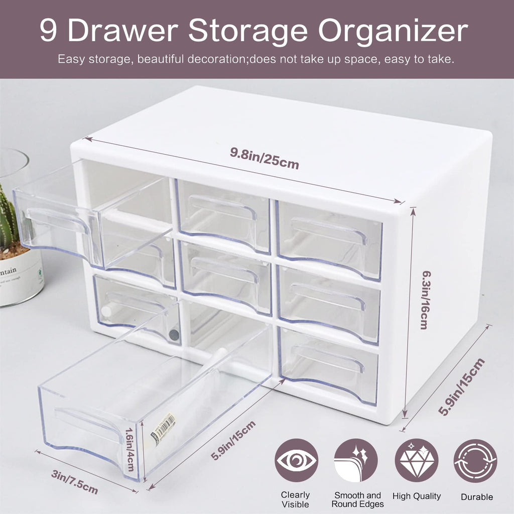 MYKASEN Desk Storage Organizer with 9 Drawers, Clear Plastic Storage Cabinet, Stackable Desk Storage Box for Makeup Office Craft Hardware Art Supplies, 9.8×6.3×5.9inch(White)