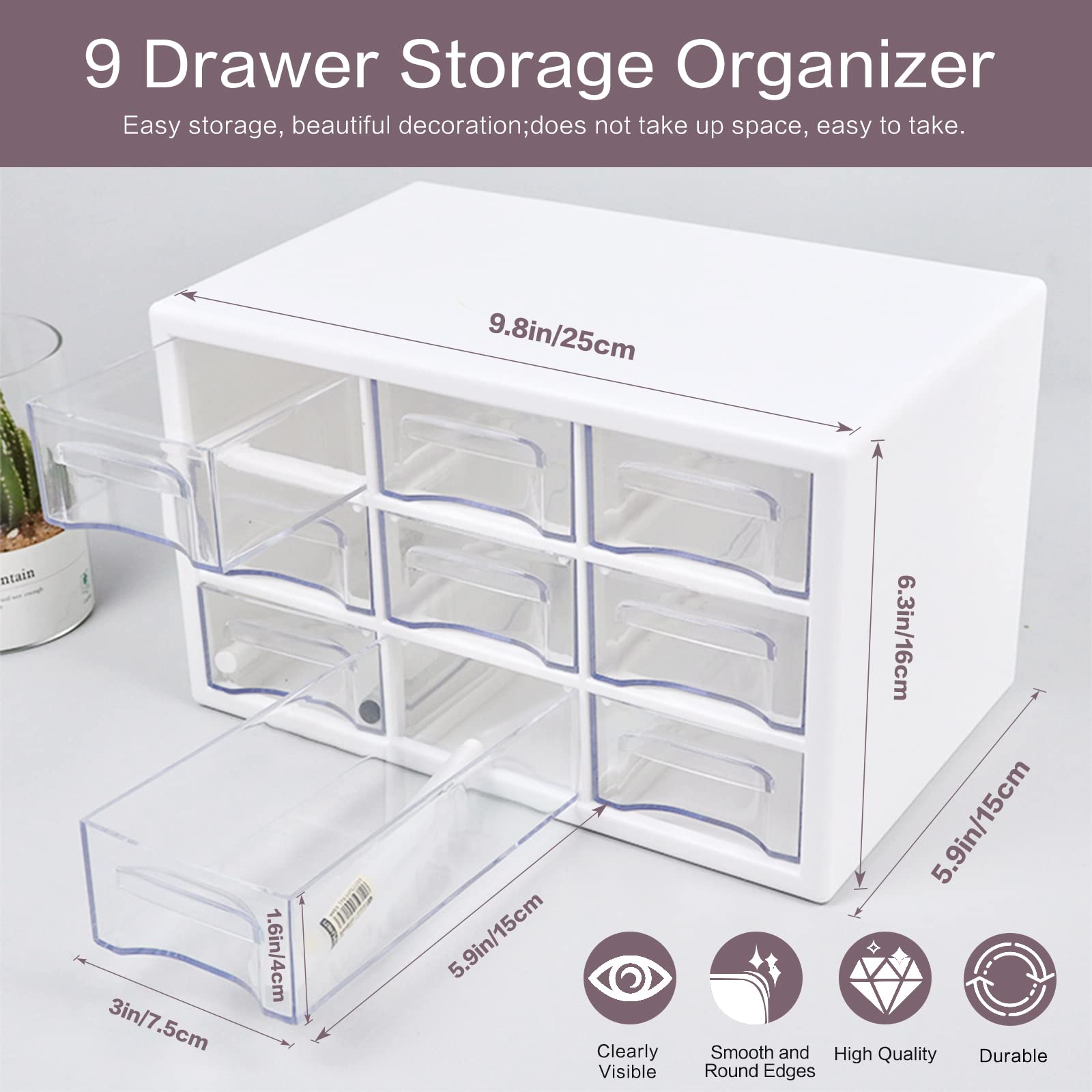 MYKASEN Desk Storage Organizer with 9 Drawers, Clear Plastic Storage Cabinet, Stackable Desk Storage Box for Makeup Office Craft Hardware Art Supplies, 9.8×6.3×5.9inch(White)