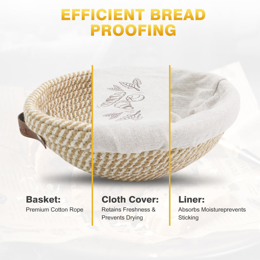 Nikkar Banneton Bread Proofing Basket Set of 2, 9 10 11Inch Round Oval Cotton Rope Sourdough Bread Baking Supplies Proofing Bowls with Liners & Covers Gifts for Bakers Women Wife Mom