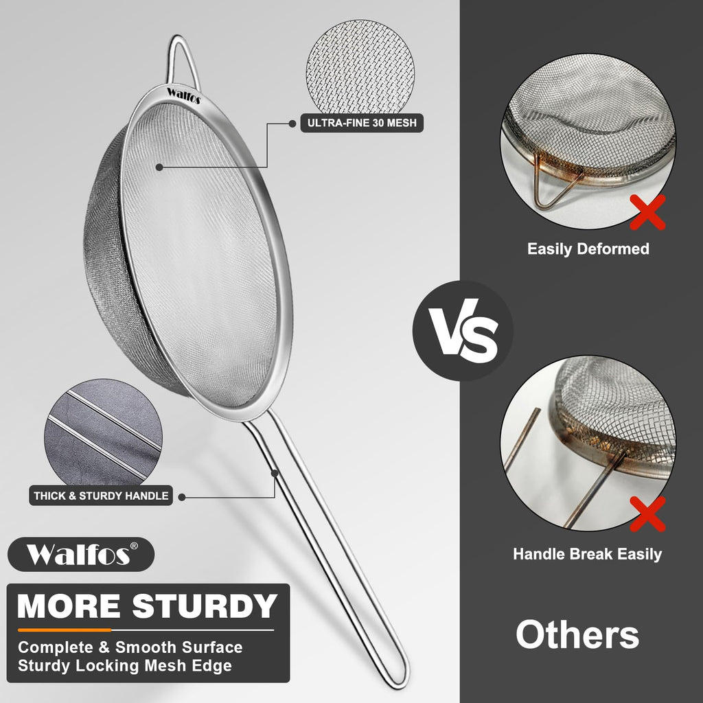 Walfos Fine Mesh Strainers Set, Premium Stainless Steel Sieve and Sifter with Sturdy Handle, Metal Kitchen Strainers Perfect for for Food, Rice, Quinoa, Fruit, Tea, Flour- 3 Sizes