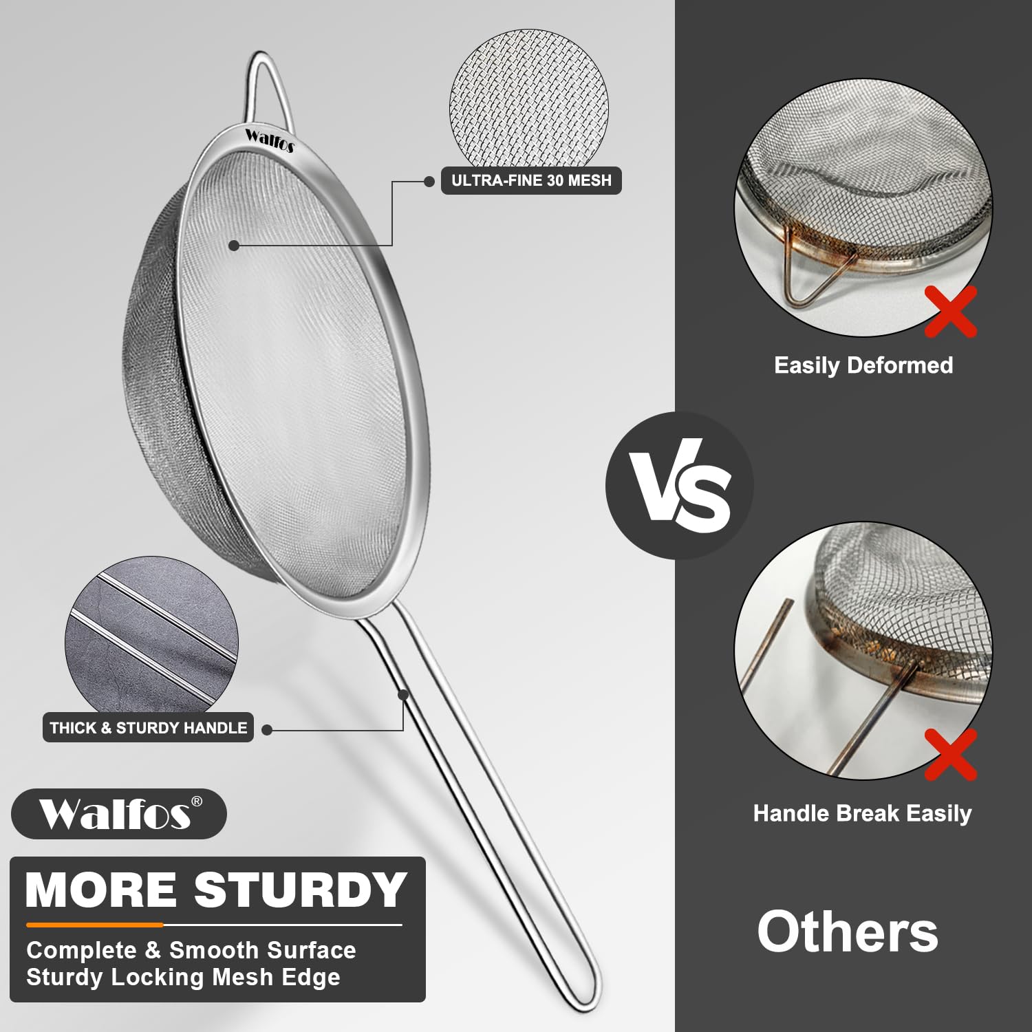 Walfos Fine Mesh Strainers Set, Premium Stainless Steel Sieve and Sifter with Sturdy Handle, Metal Kitchen Strainers Perfect for for Food, Rice, Quinoa, Fruit, Tea, Flour- 3 Sizes