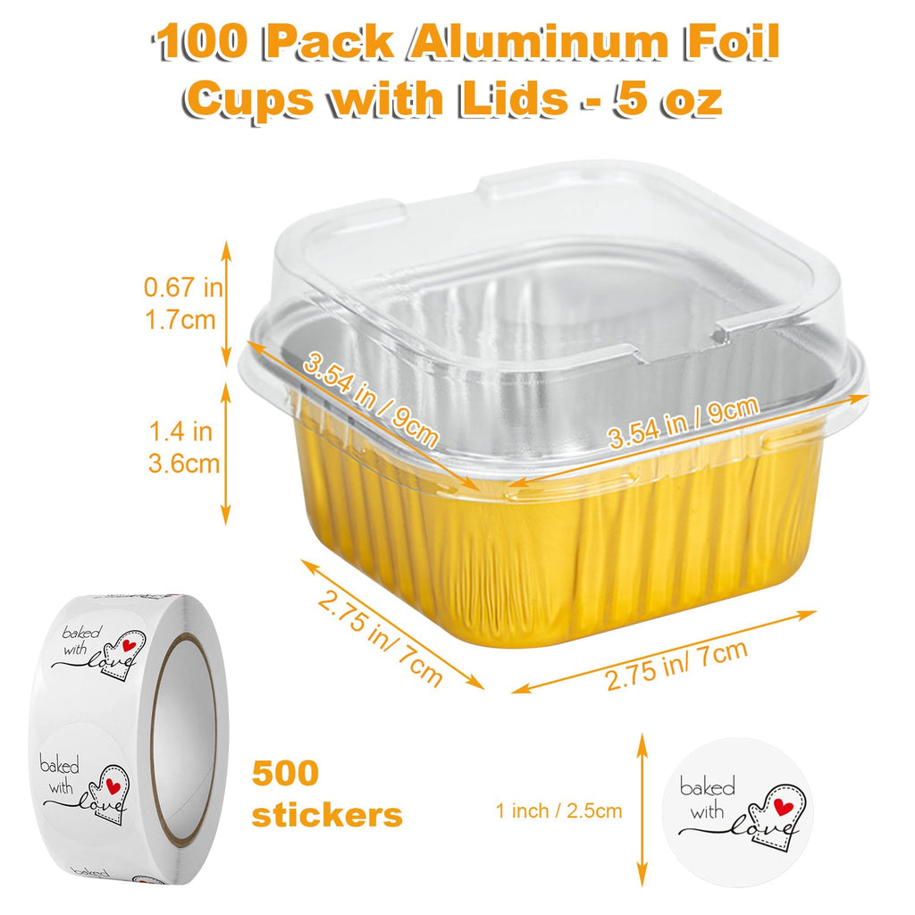 100Pcs Aluminum Foil Disposable Ramekins with Lids, 5.5oz Small Baking Cups Mini Cake Pans with Lids, Individual Cake Tins Square Cupcake Dessert Cake Containers Mini Loaf Pans for Cheesecake Muffin