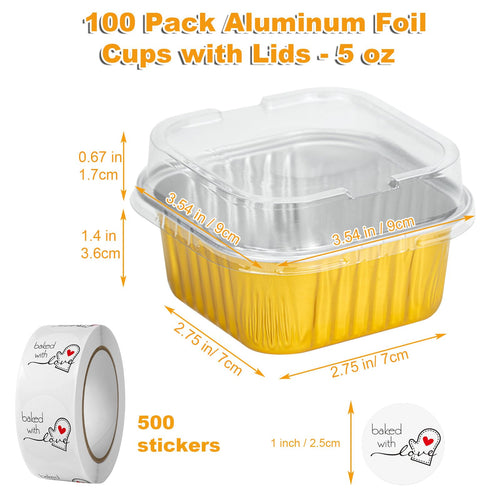 100Pcs Aluminum Foil Disposable Ramekins with Lids, 5.5oz Small Baking Cups Mini Cake Pans with Lids, Individual Cake Tins Square Cupcake Dessert Cake Containers Mini Loaf Pans for Cheesecake Muffin