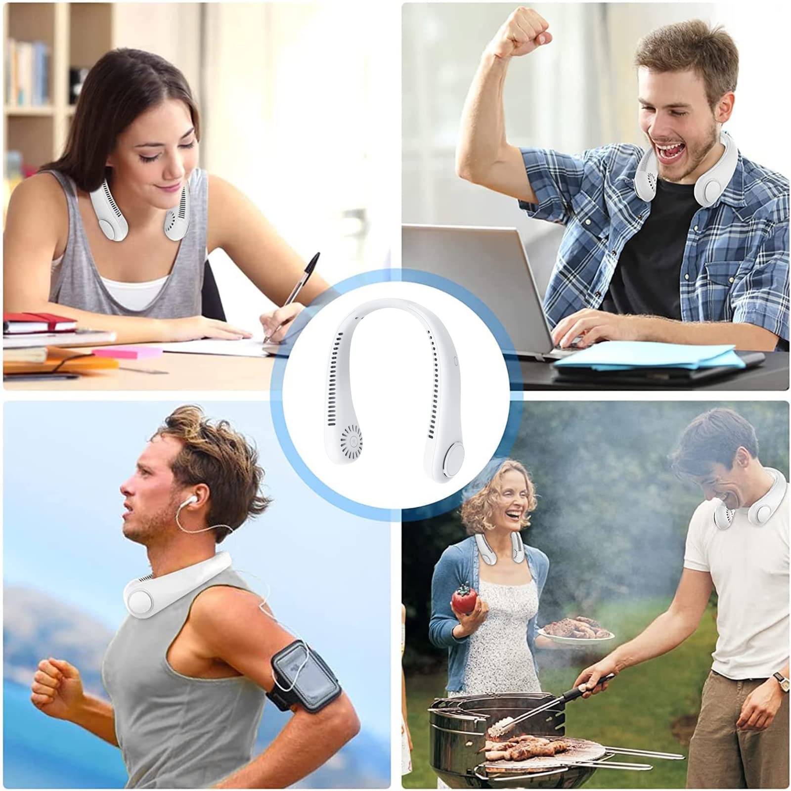 Portable Neck Fan, Rechargeable Personal Neckband Hands Free Bladeless Fan, 360° Surround Vaneless Hanging Neck Fans with 3 Speeds Adjustable for Men Women Home Office Travel, Faster Cooling (White)