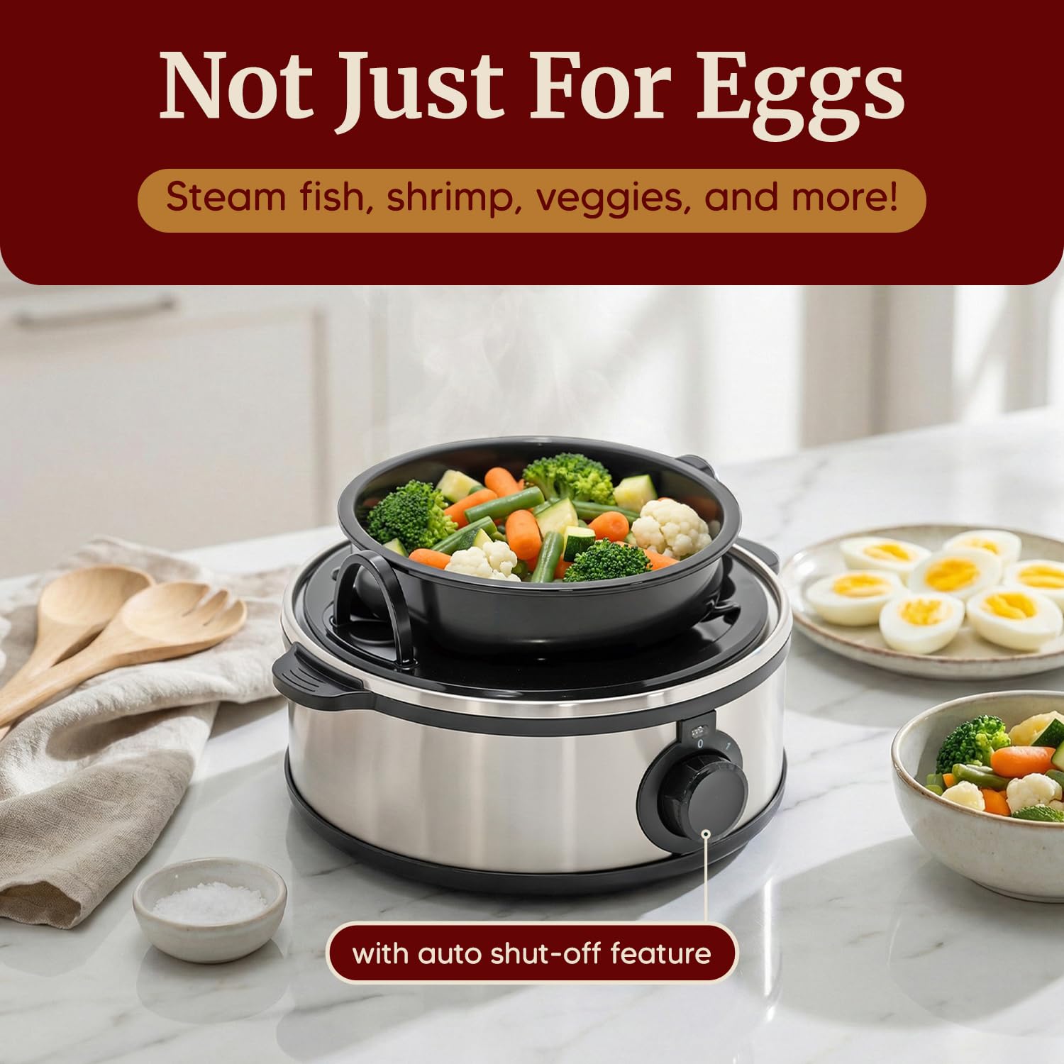 Elite Gourmet EGC648 Rapid Egg Cooker, 7 Easy-To-Peel, Hard, Medium, Soft Boiled Eggs, Poacher, Omelet Maker, Auto Shut-Off, Alarm, 16-Recipe Booklet, BPA-Free, Stainless Steel