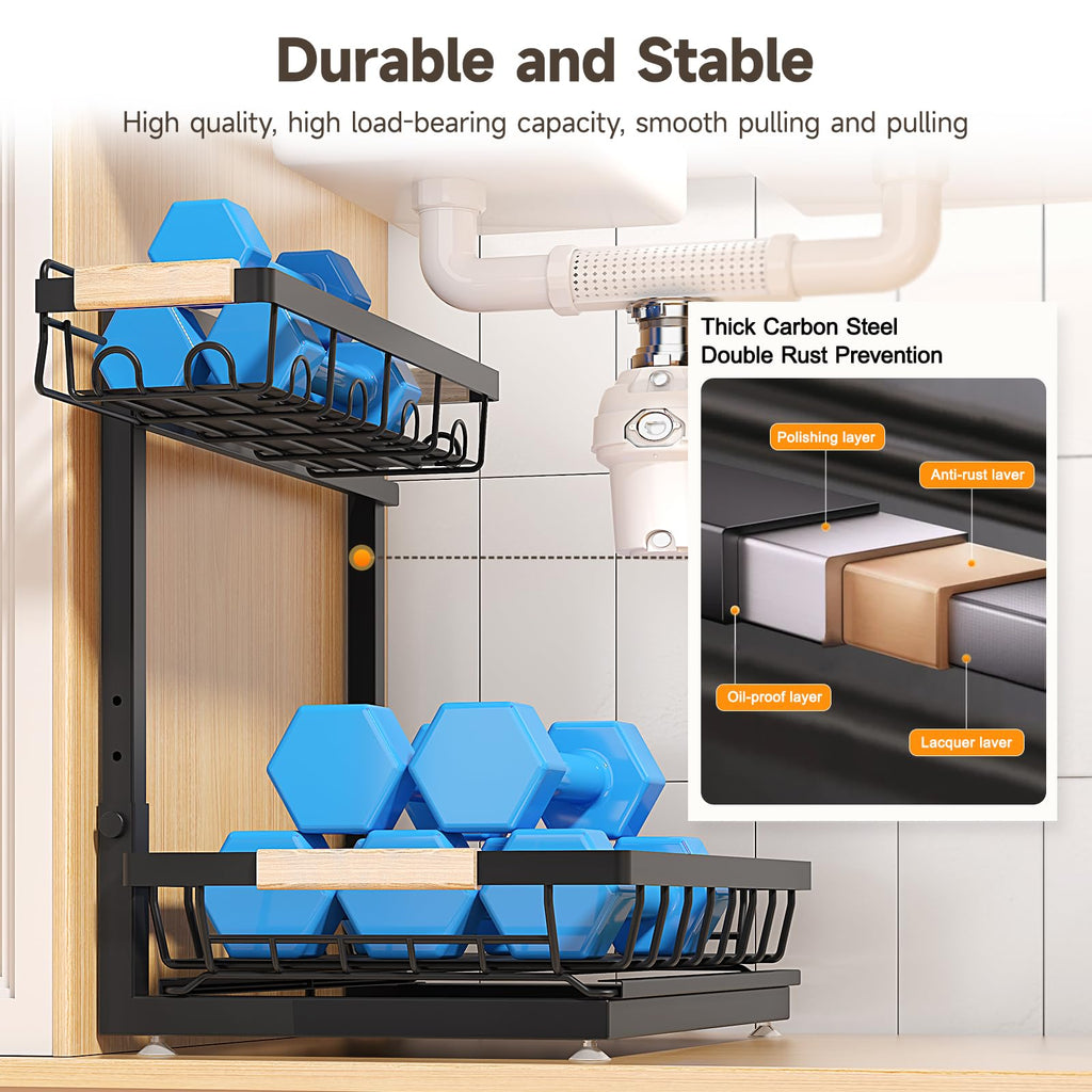 Sevenblue 2 Pack Under Sink Organizer, Height Adjustable 2 Tier Under Sink Organizer Kitchen, Multi-Purpose Storage Shelf for Kitchen Bathroom Cabinet (Black, Large)