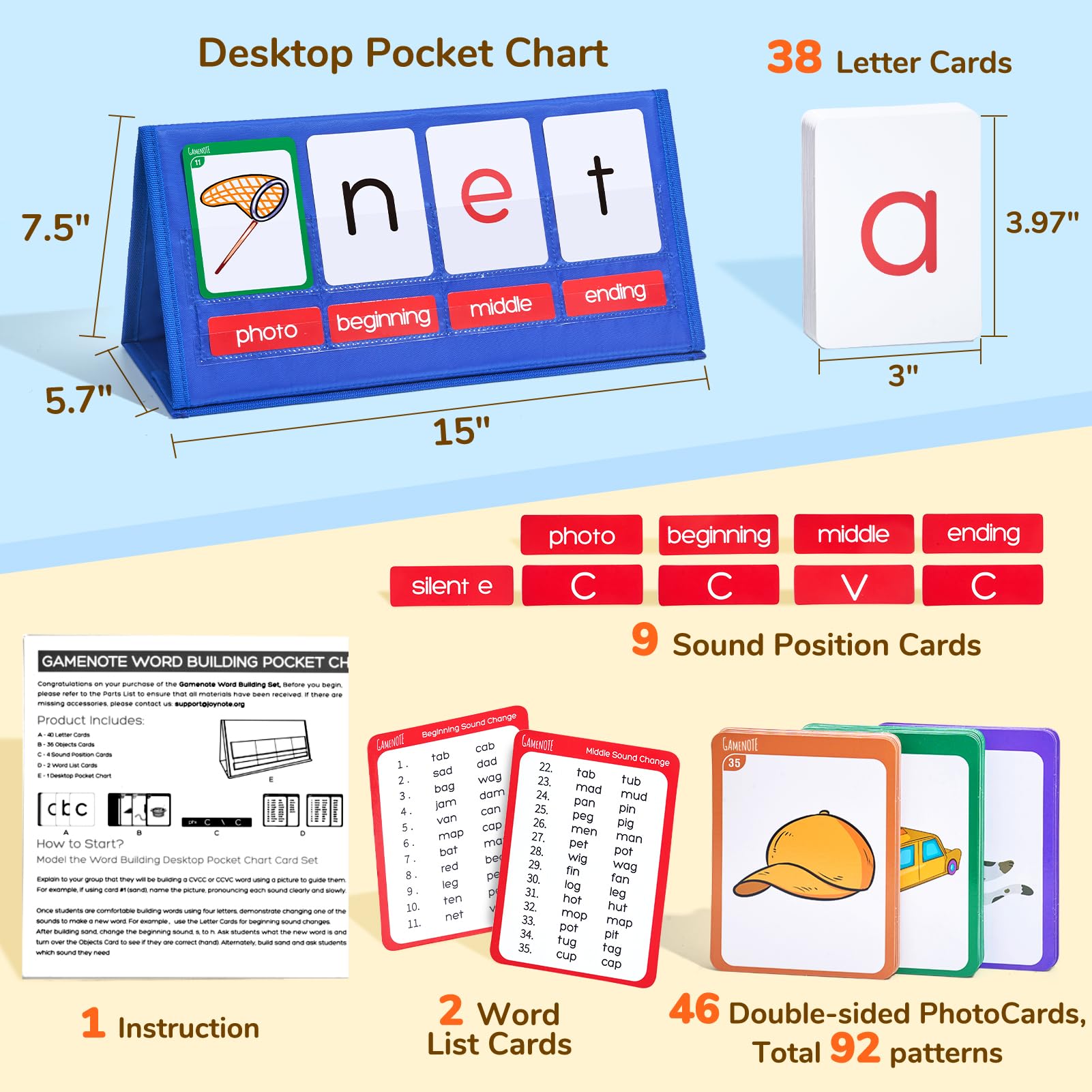 Gamenote Word Building Desktop Pocket Chart Tent Cards Kit - CVC Words Phonics Games Blending Board for Kindergarten Reading and Spelling