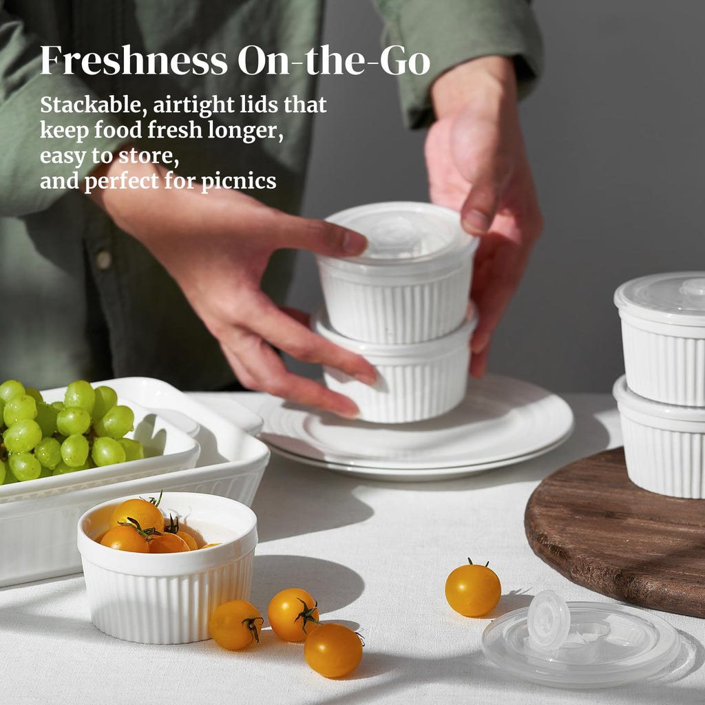 DOWAN Ramekins 8 oz Oven Safe with Lids, Creme brulee Souffle Ramekins with Covers, Porcelain White Ramekins for Baking, Stackable, Set of 6