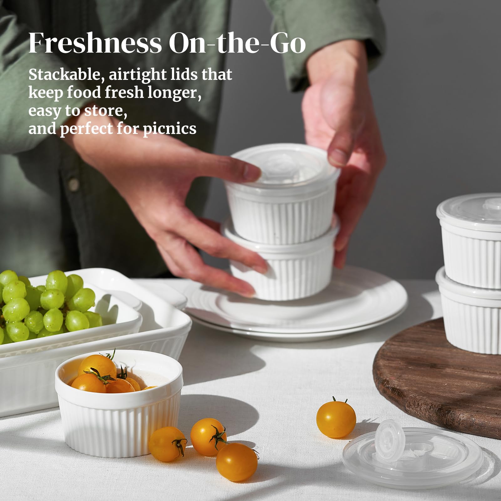 DOWAN Ramekins 8 oz Oven Safe with Lids, Creme brulee Souffle Ramekins with Covers, Porcelain White Ramekins for Baking, Stackable, Set of 6