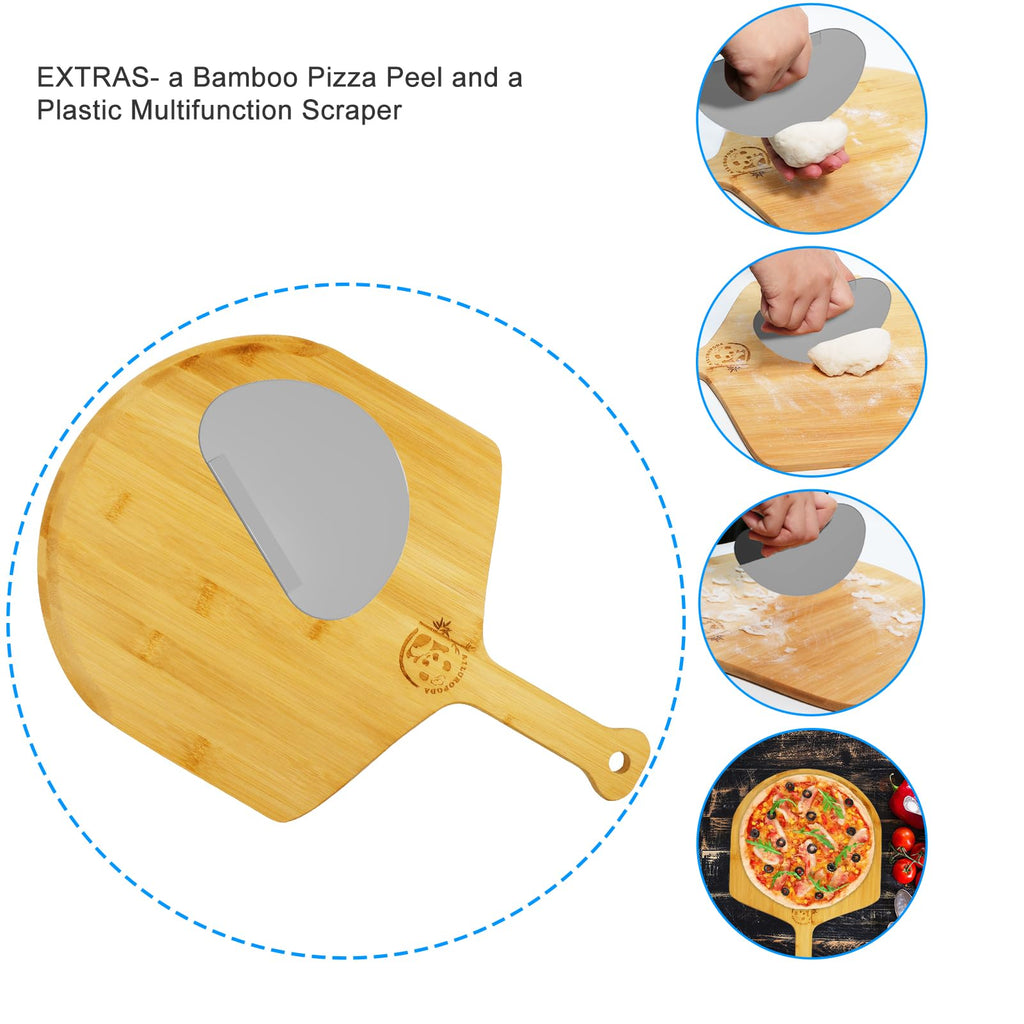 AILUROPODA Pizza Stone for Oven and BBQ with Bamboo Pizza Peel and Scraper（High Temperature Version）