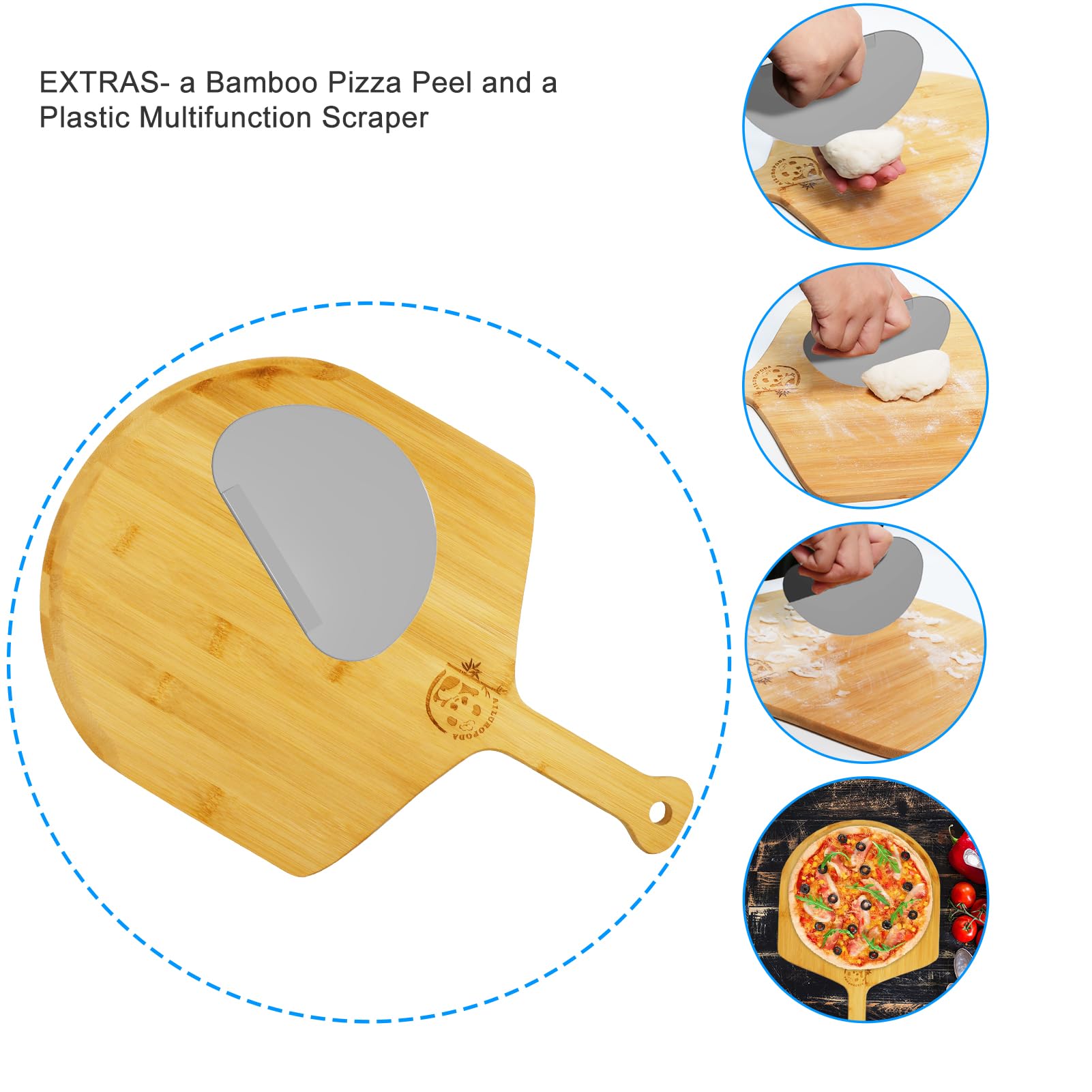AILUROPODA Pizza Stone for Oven and BBQ with Bamboo Pizza Peel and Scraper（High Temperature Version）