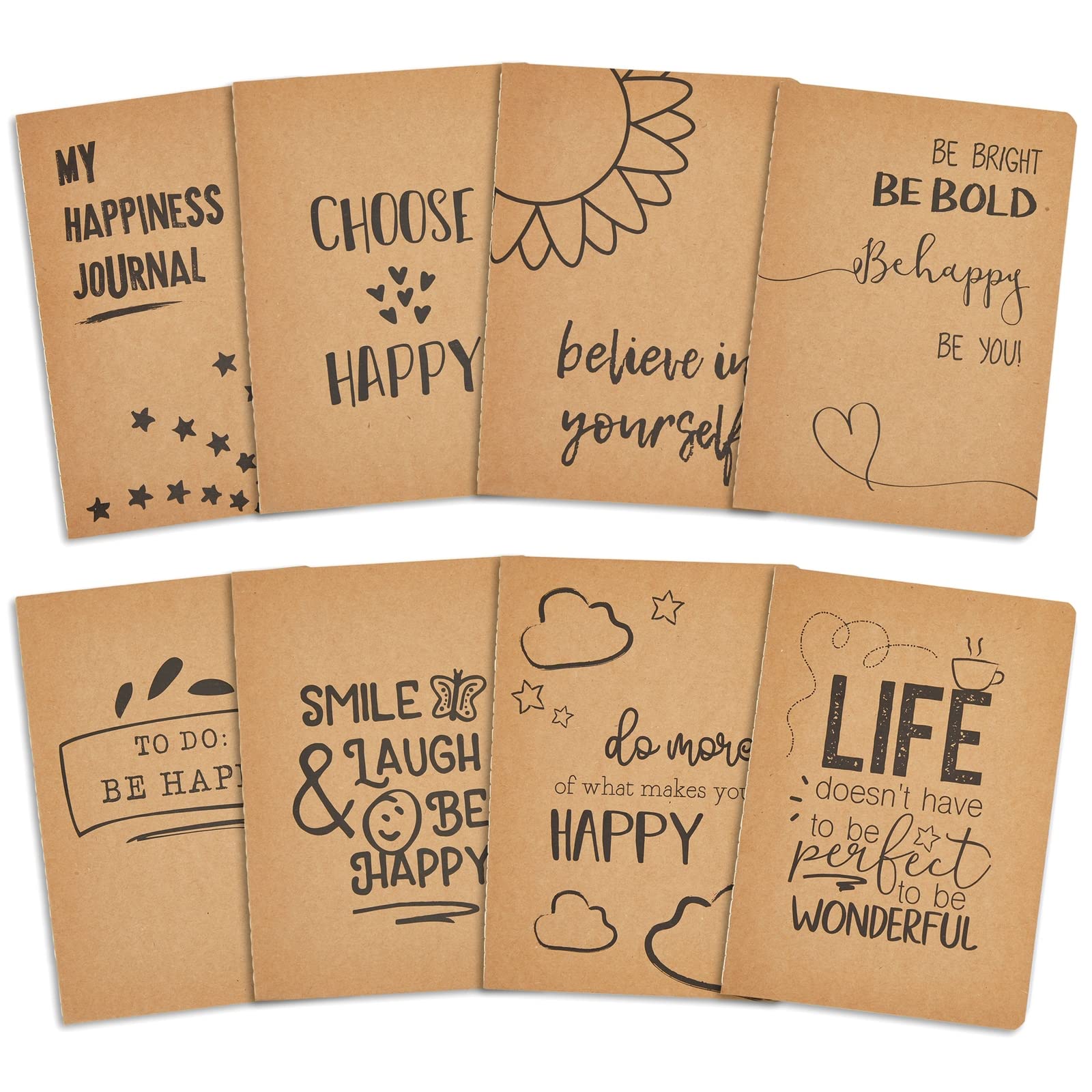 Kraft Paper Notebook, Motivational Lined Journal in Happy Theme (5x8 in, 8 Pack)
