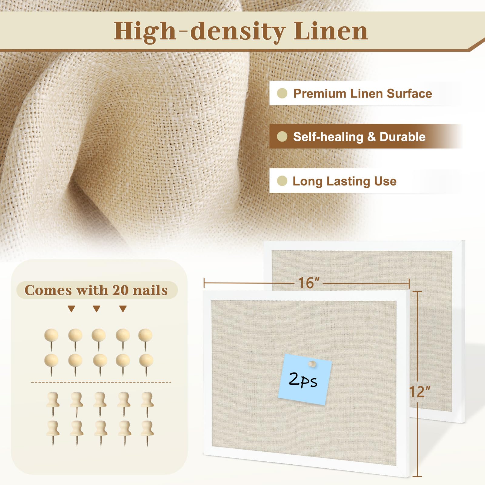 AMUSIGHT 2-Pack Double-Sided Cork Board with Linen, 16" x 12" Hanging Wood Framed Bulletin Board, Picture Display Vision Board Corkboards for Wall Room School Office Decor, 20 Pushpins (Vintage White)