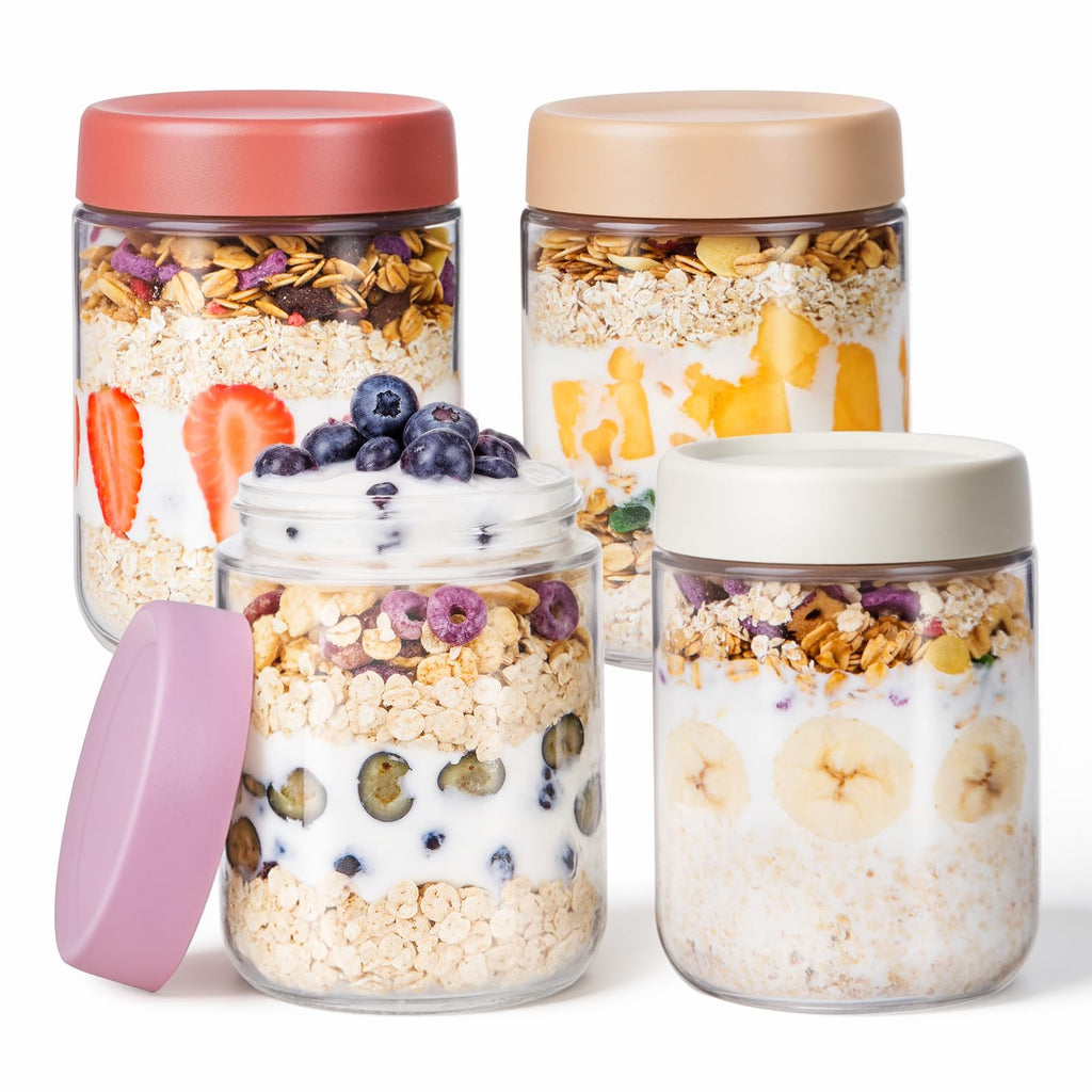 Overnight Oats Jars, 4 Pieces of 500ml/16oz Overnight Oatmeal Container with Lid by Pitch Pulse, Homemade Yogurt Oatmeal Salad Jam Pudding Storage Container