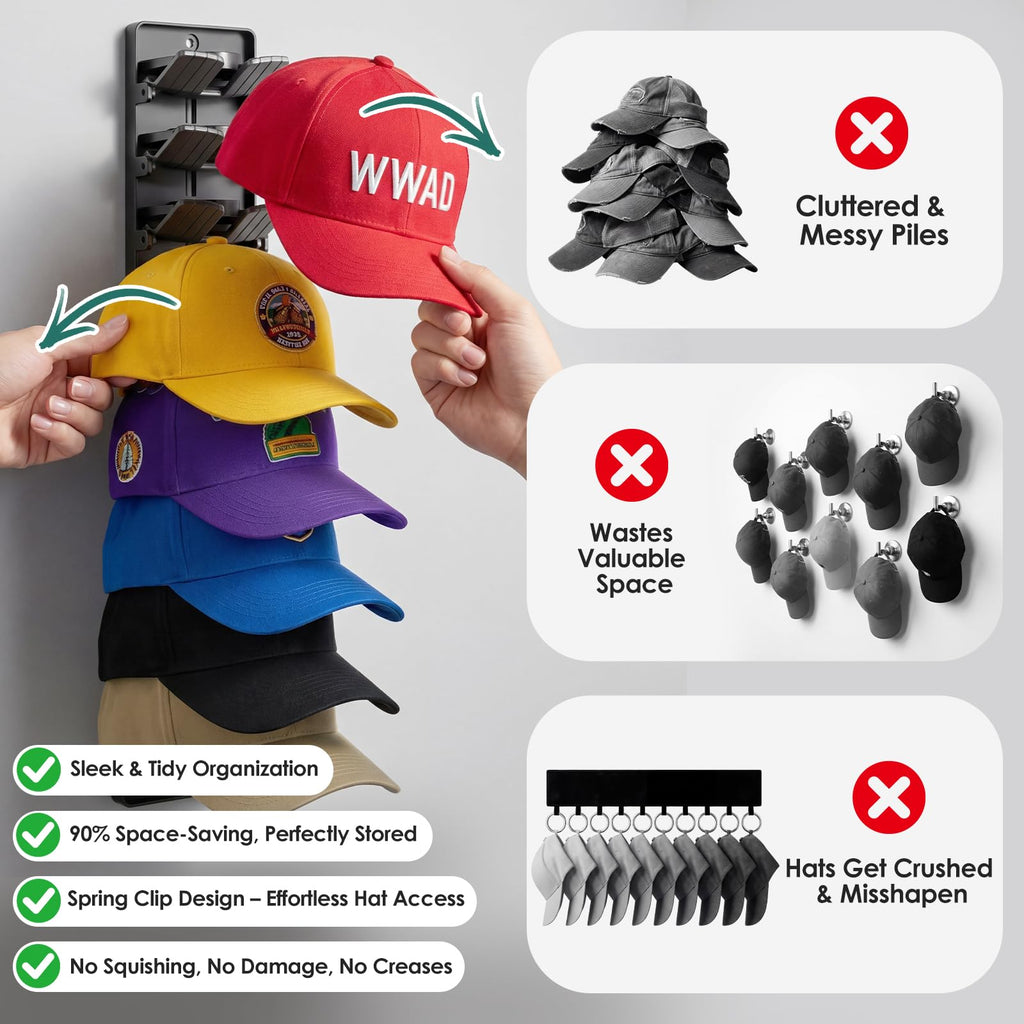 2 Pack Spring Clips Hat Organizer for Baseball Caps – Holds Up to 20 Hats Total (10 per Hook), Hat Rack for Wall Closet Door Entryway and Bedroom, Adhesive or Screw Installation (Black)