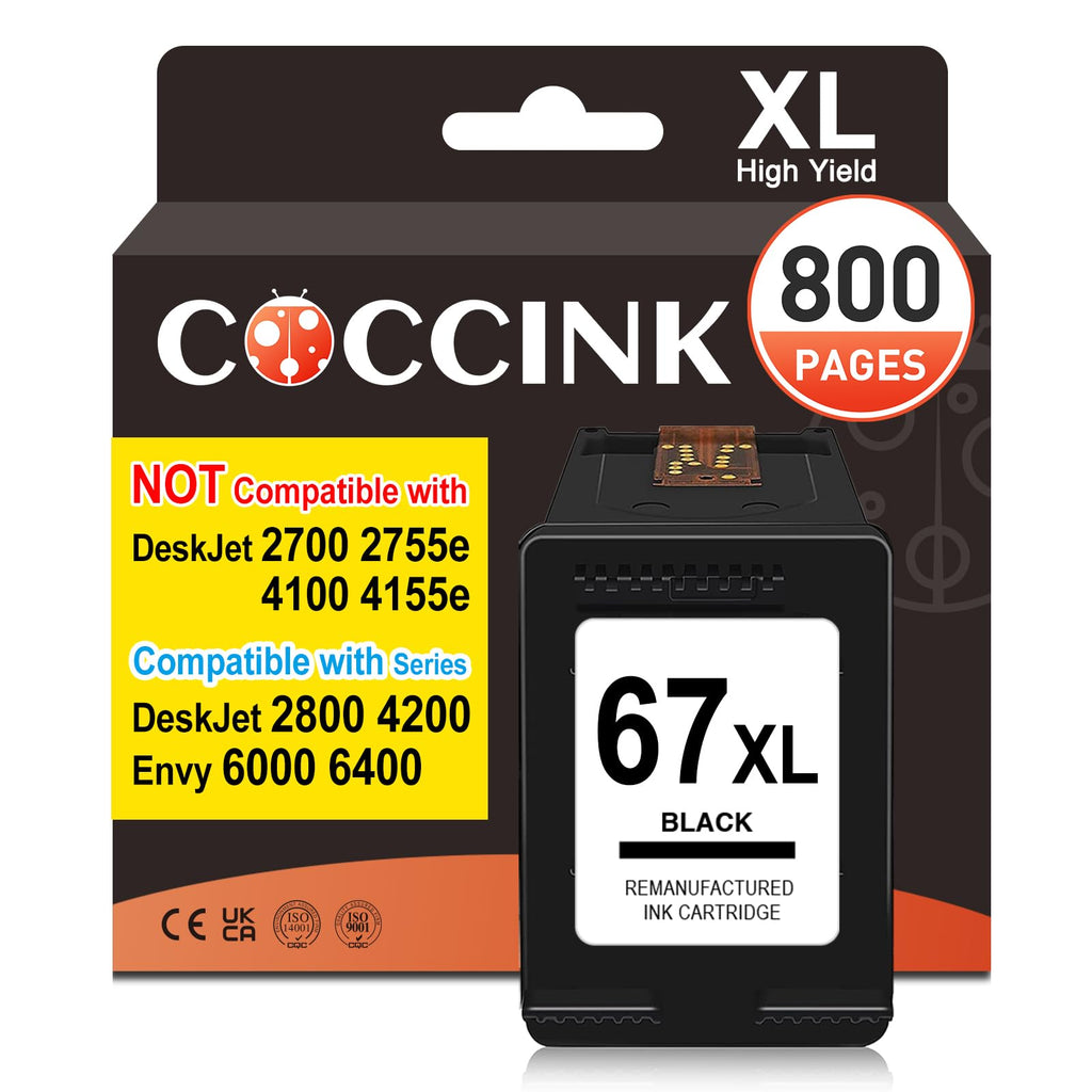 COCCINK 67XL Black Ink Cartridge for HP 67 XL Deskjet 2800e 2855e 2842e 2852e 2827e 4200e 4252e 4258e 4255e Envy 6000 6055e 6400 6455e Printers for HP 67 Ink Cartridges Black (1 Black)