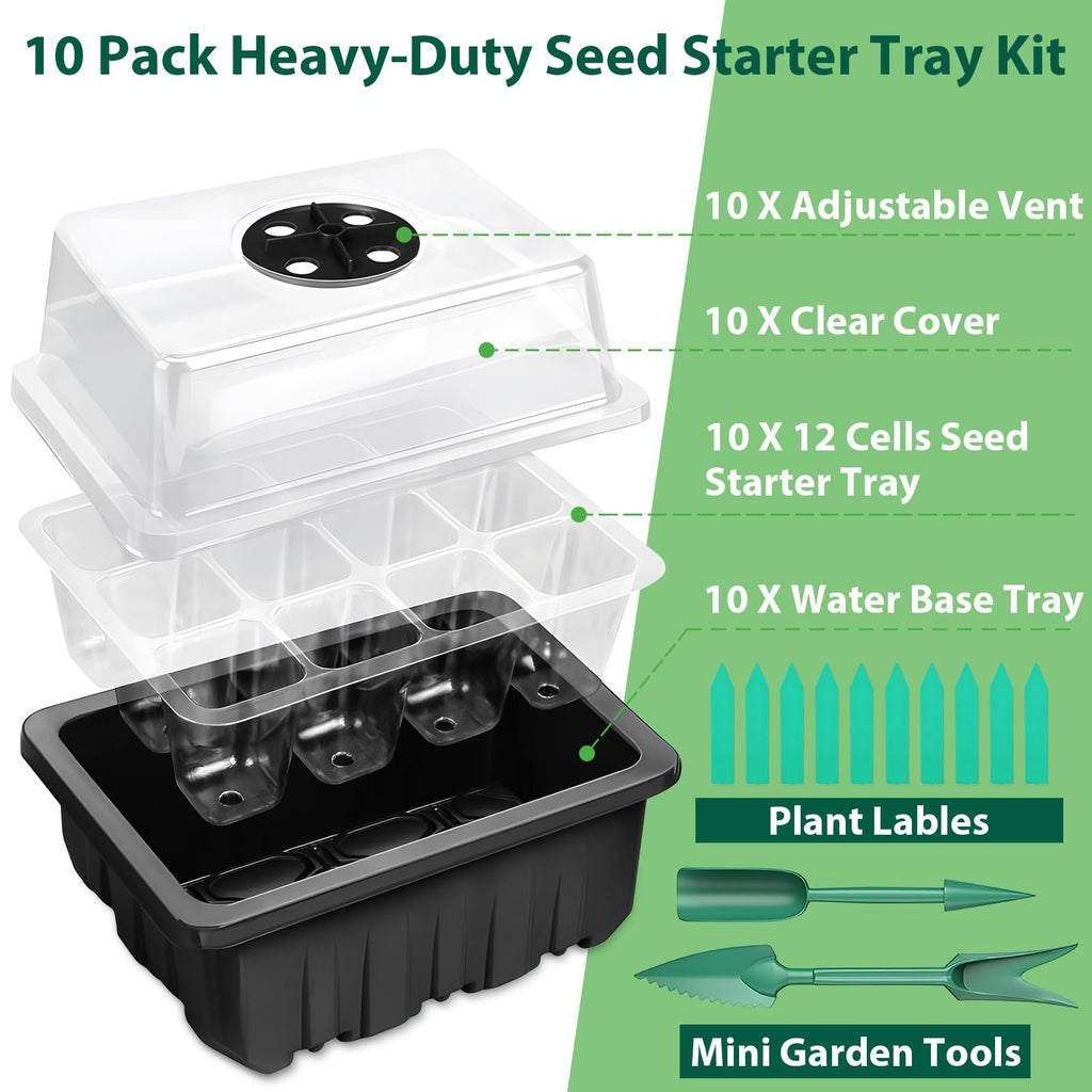 Sfee 10 Pack Seed Starter Tray Kit, 120 Cells Seedling Starter Trays with Humidity Dome and Base Greenhouse Growing Trays, Reusable Seed Germination Seedling Tray with Garden Tools Labels (Black)