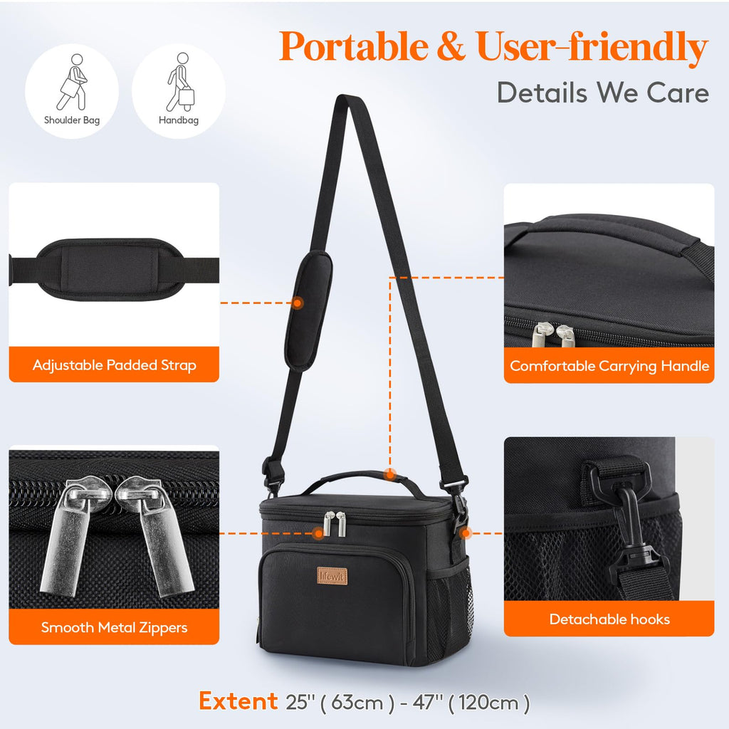 Lifewit Insulated Lunch Bag for Men, Reusable Lunch Box Women, Portable Cooler Freezable Soft Tote Bag Leakproof with Adjustable Shoulder Strap for Adult/Kid for Work/Picnic/School,Black 15L