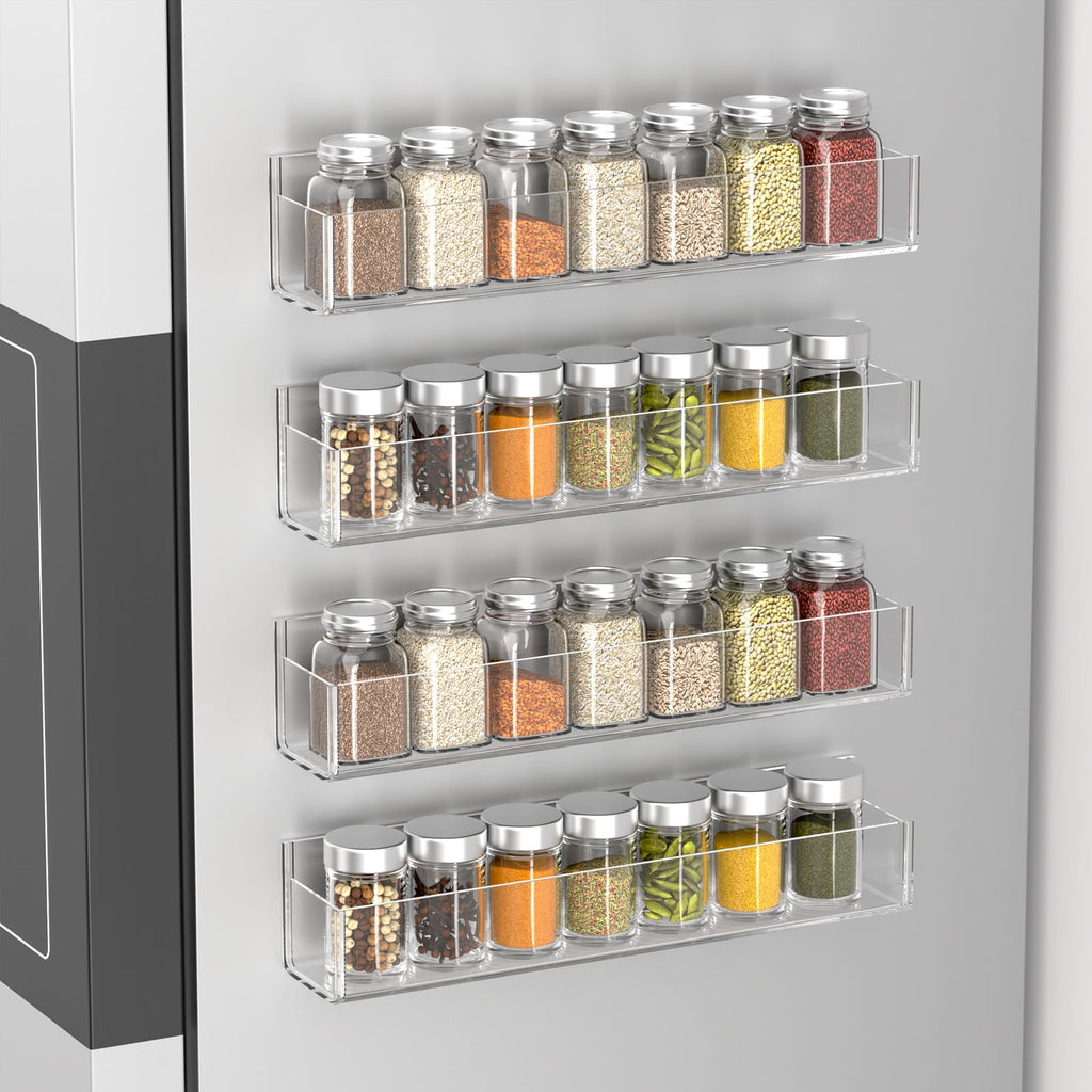 PMMASTO Adhesive Spice Rack Organizer for Cabinet, Acrylic Spice Rack Wall Mount, Space-Saving Spice Organizer Wall Spice Rack for Kitchen Cabinet, Cupboard, Countertopor Pantry Door (Clear - 4 PACK)