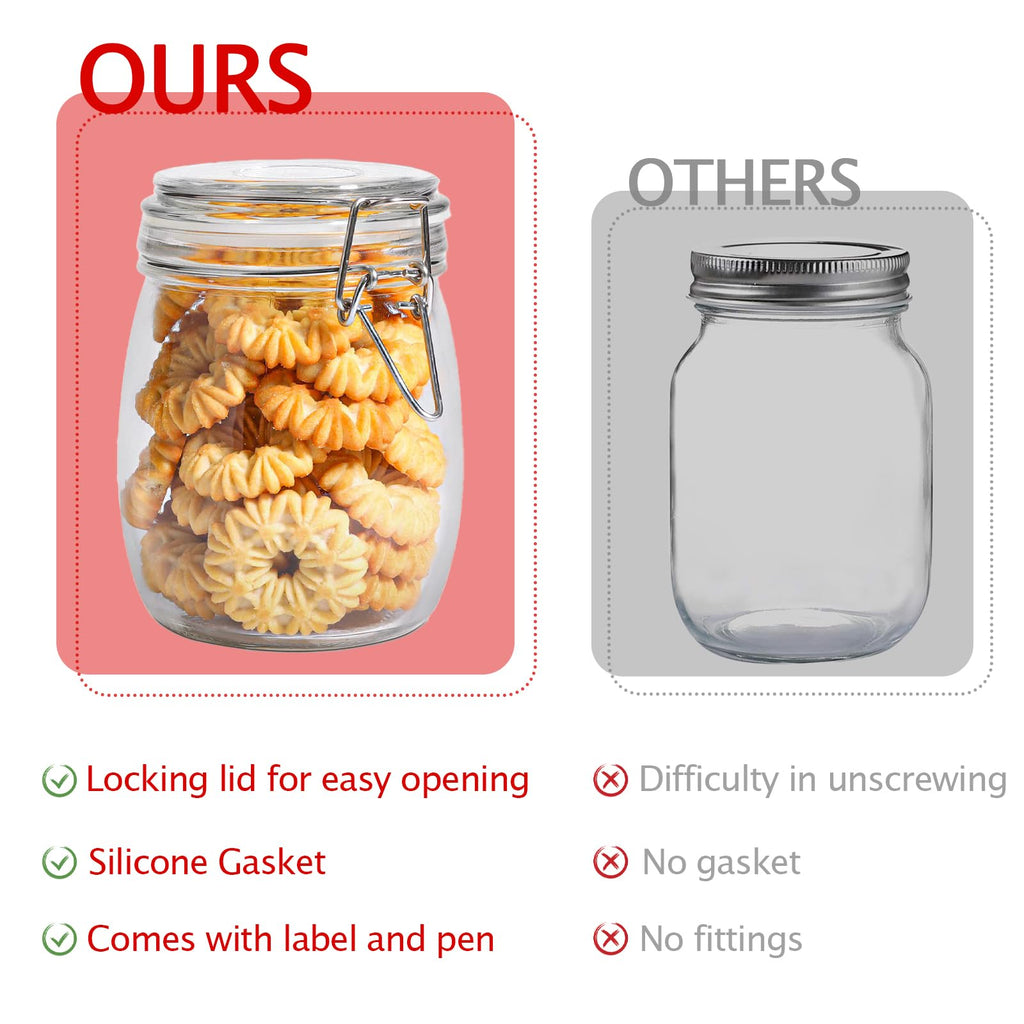 Glass Jar with Lid 25oz/750ml, 6 Pcs Round Clear Airtight Glass Jar with Stainless Steel Wire Clamp, Marker Stickers and Liquid Chalk, Food Storage Containers
