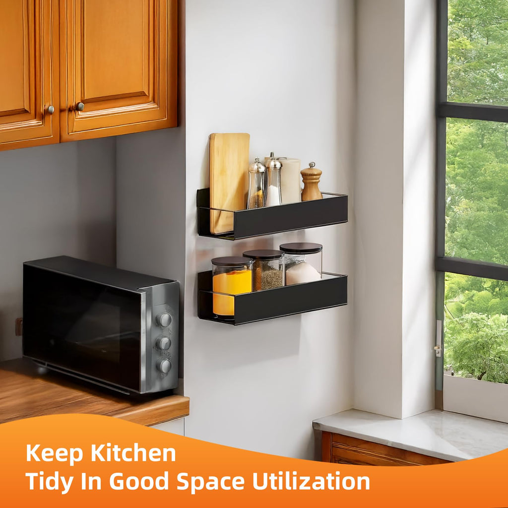 SYLLENHOD Kitchen Spice Rack for Wall: 2 Packs Black Adhesive Spice Racks Wall Mount - 11.8" Large Hanging Storage Organizer Cabinet Without Drilling for Smooth Wall - Work Room Bathroom Shelves