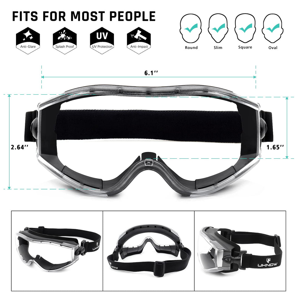 UKNOW Safety Goggles Over Glasses - Anti-Fog Clear Lens - ANSI Z87.1 Certified Eye Protection for Lab Work, Industrial Use