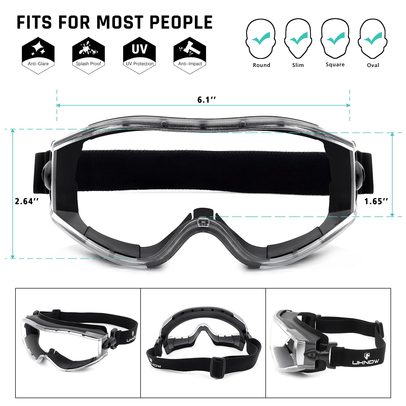 UKNOW Safety Goggles Over Glasses - Anti-Fog Clear Lens - ANSI Z87.1 Certified Eye Protection for Lab Work, Industrial Use