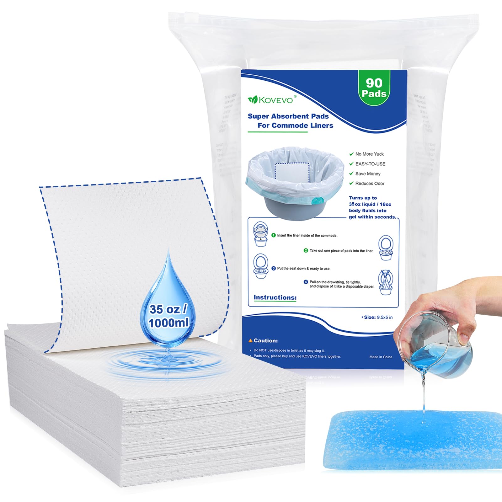 90 Pcs Commode Absorbent Pads for Bedside Toilet Chair Bucket, Commode Liners Pads, Disposable Bedside Commode Pads with Absorbent Gel, Portable Toilet Pads for Medical Care