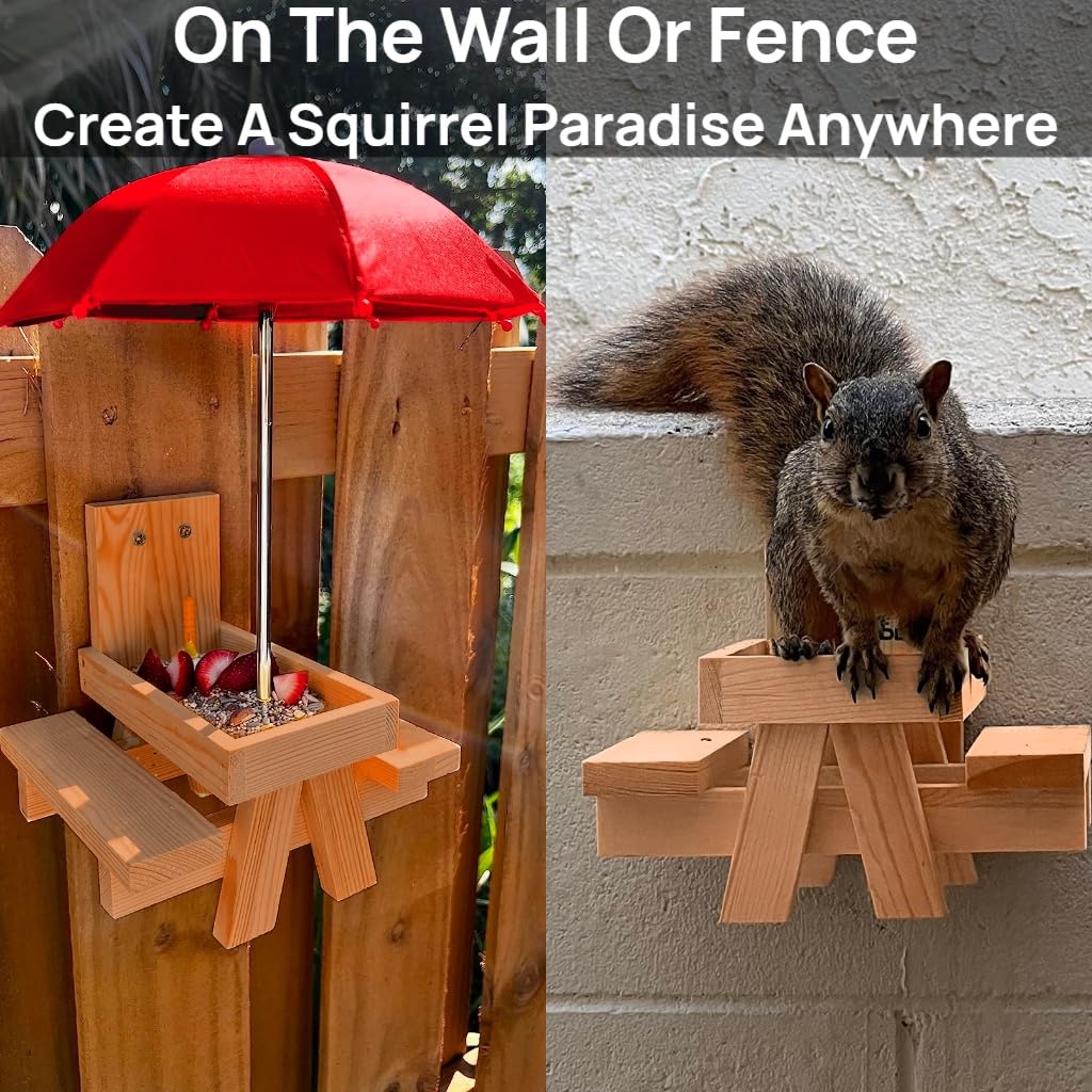 MTSBDM Squirrel Feeder Picnic Table with Umbrella and Corn Cob Holder, Outdoor Wildlife Chipmunk Feeder, Unique Garden Gift for Squirrel & Chipmunk Lovers