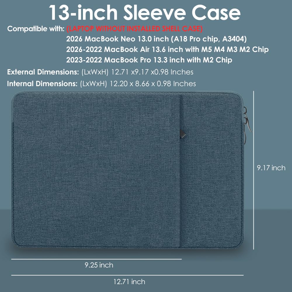 ProElife 13-Inch Laptop Sleeve Case for 2026-2022 MacBook Air 13.6 inch M5 M4 M3 Chip & MacBook Neo 13'' A18 Pro, Pro 13'' M2 Chip Accessory Traveling Carrying Canvas Bag Cover Simple Case (Navy Blue)
