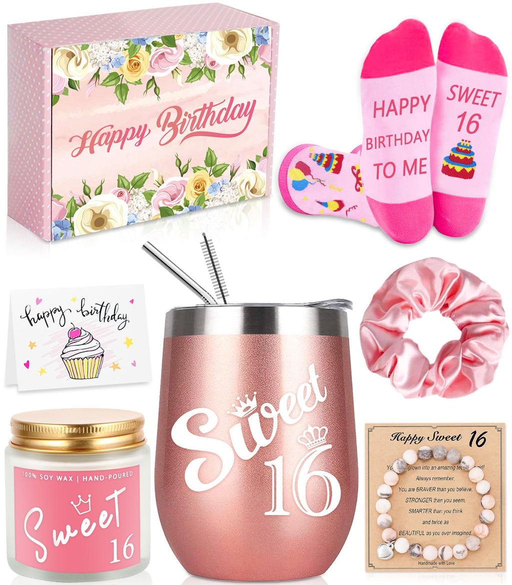 Awfrky Sweet 16 Gifts for Girls, Best 16th Birthday Gift Set, 7 Items, Including Insulated Tumbler, Bracelet, Socks, Candles, Hair Tie & Card