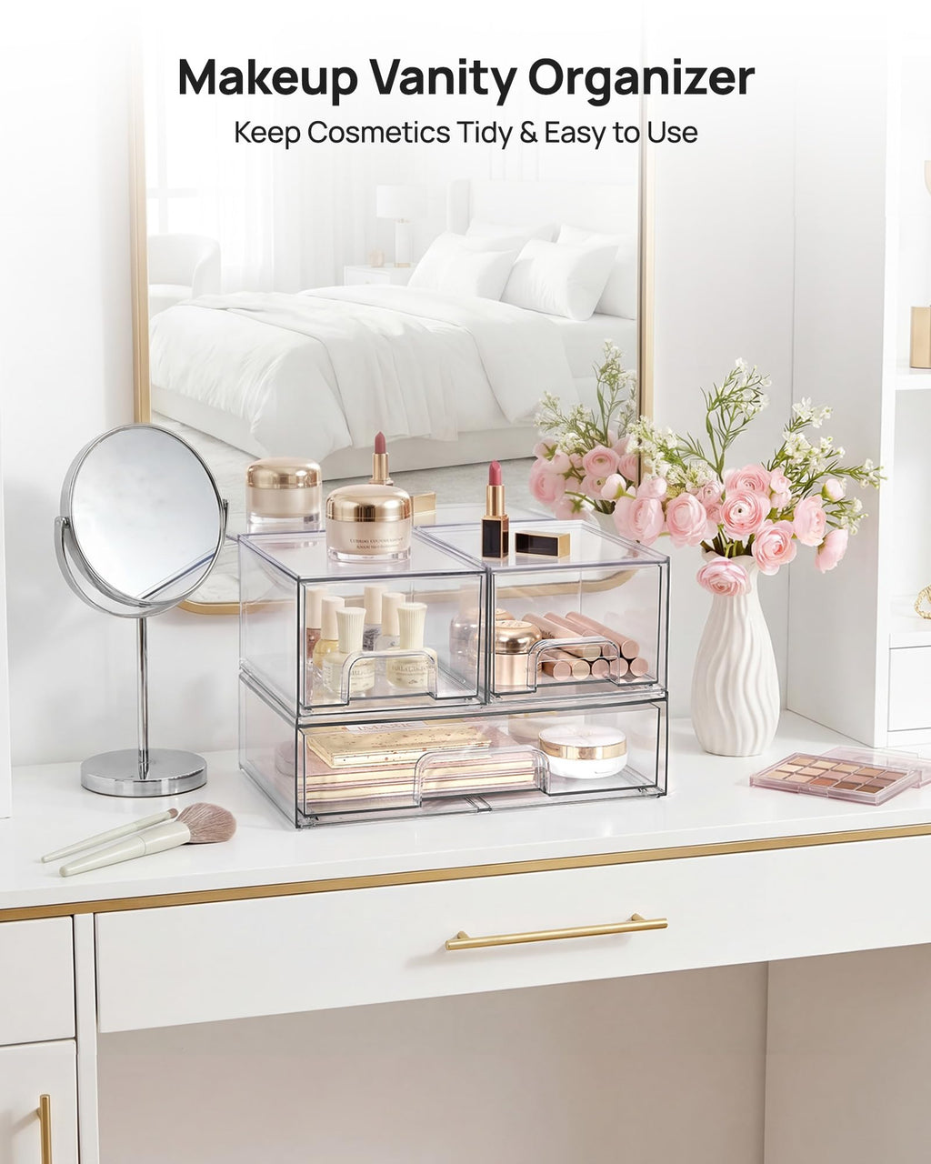 Vtopmart 3 Pack Stackable Clear Plastic Drawer Organizer, Makeup Organizers and Storage for Eyeshadow Palettes, Cosmetics, Beauty Supplies, Ideal for Vanity, Desk, Office, Bathroom Organization