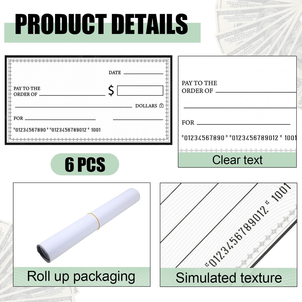 Eersida 6 Pcs Giant Checks 30'' x 16'' Large Blank Fake Big Checks for Presentations Reusable Funny Oversized for School Graduation Donation Awards Fundraisers Charity Business