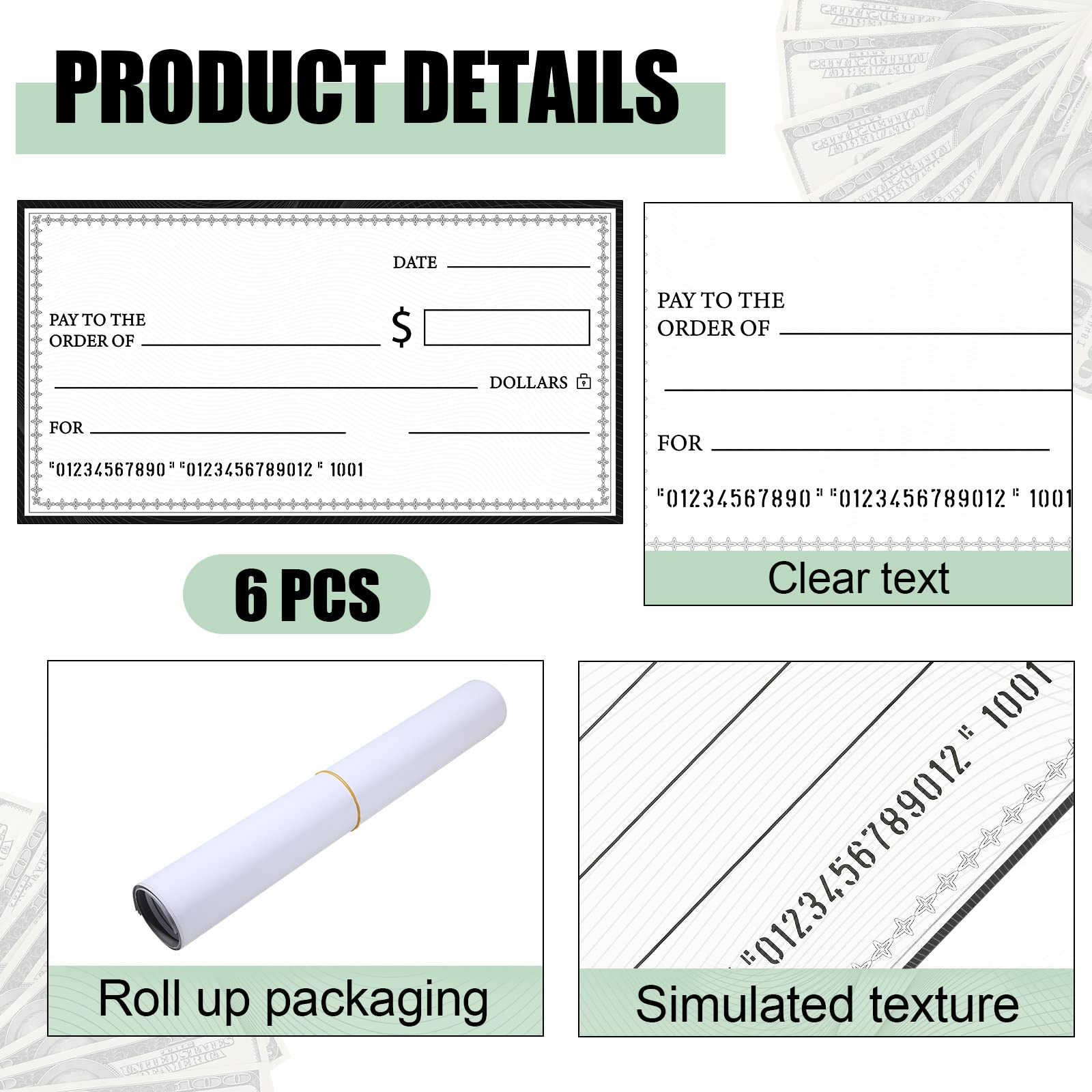 Eersida 6 Pcs Giant Checks 30'' x 16'' Large Blank Fake Big Checks for Presentations Reusable Funny Oversized for School Graduation Donation Awards Fundraisers Charity Business