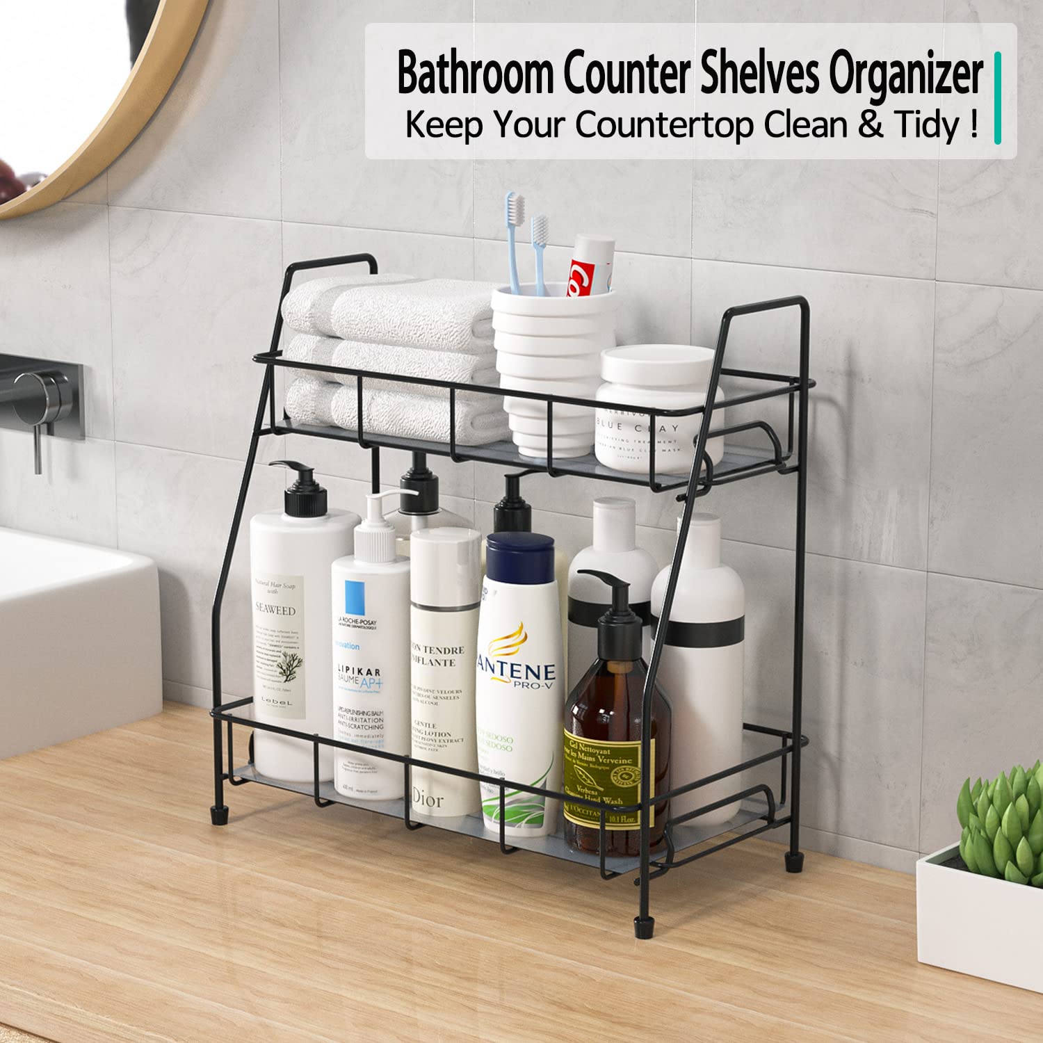 Spice Rack Organizer for Countertop Kitchen,2 Tier Bathroom Organizer Shelves Storage for Counter(Black)