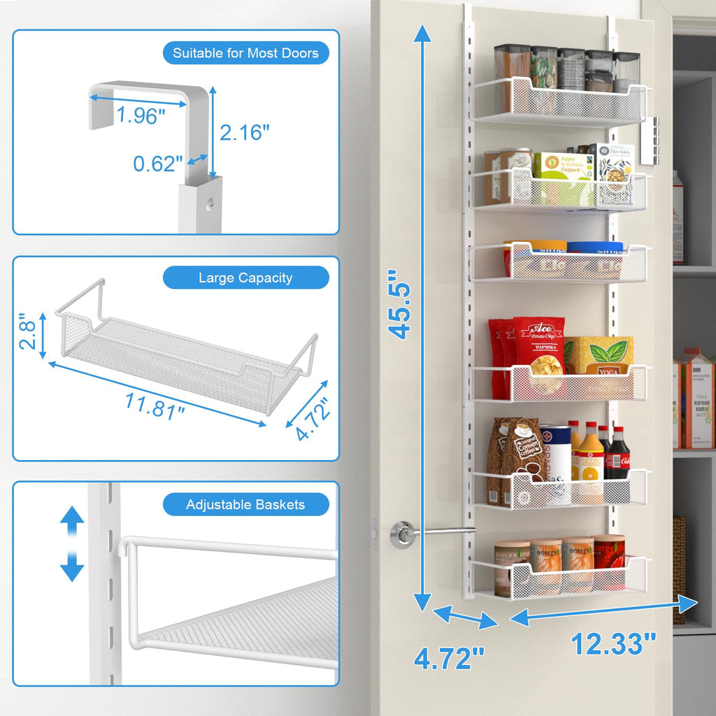 VyGrow 6-Tier 12.3" W Narrow Over the Door Pantry Organizer with Adjustable Basket, Pantry Door Organization for Pantry Kitchen Storage Room Spice Rack, White
