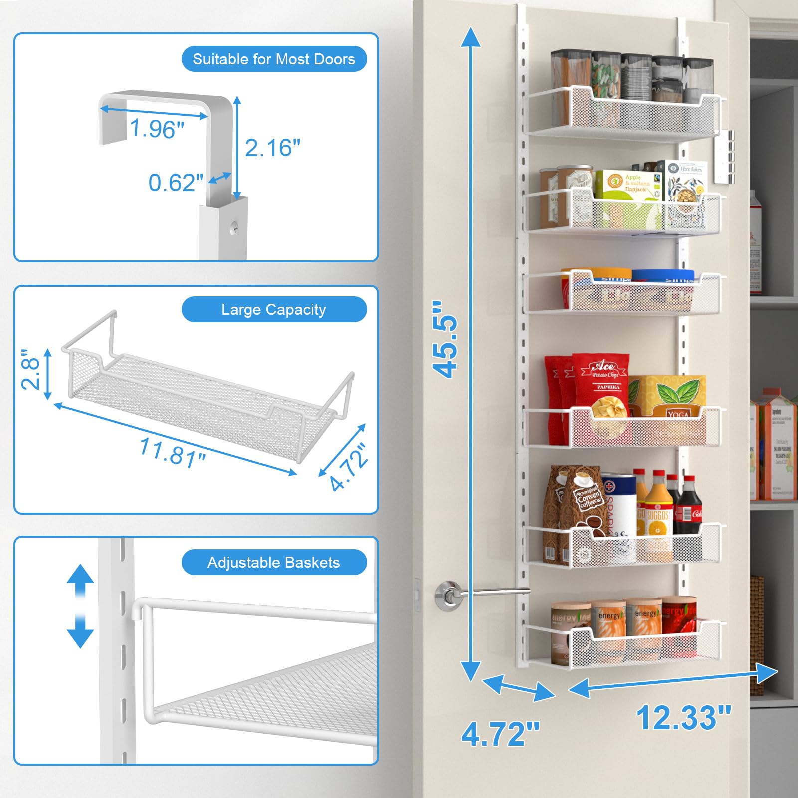 VyGrow 6-Tier 12.3" W Narrow Over the Door Pantry Organizer with Adjustable Basket, Pantry Door Organization for Pantry Kitchen Storage Room Spice Rack, White