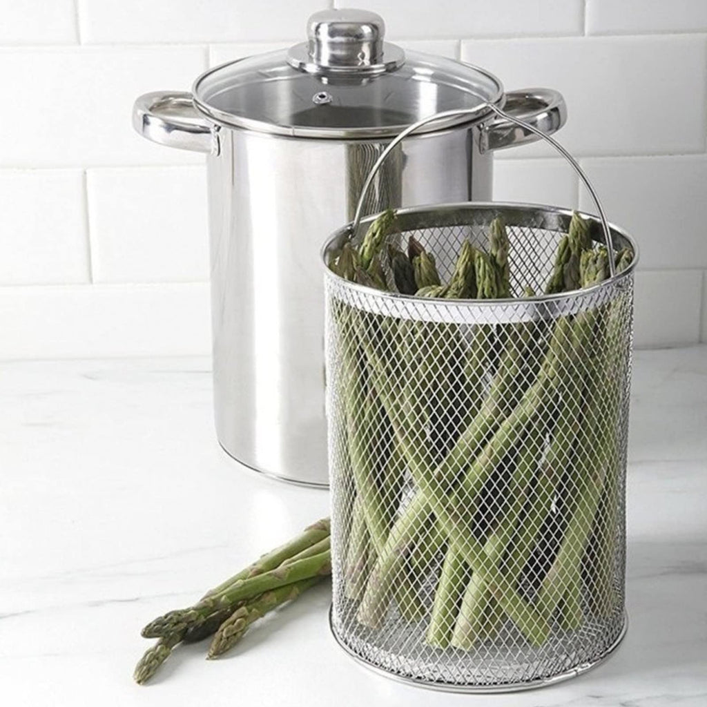 AVLA Asparagus Pot, 4 Quart Stainless Steel Steamer Cooker, Vegetable Asparagus Cooker with Removable Basket and Lid for Pasta, Spaghetti, Boiled Eggs, Shrimp, Oil Deep Fry Pan for French Fries